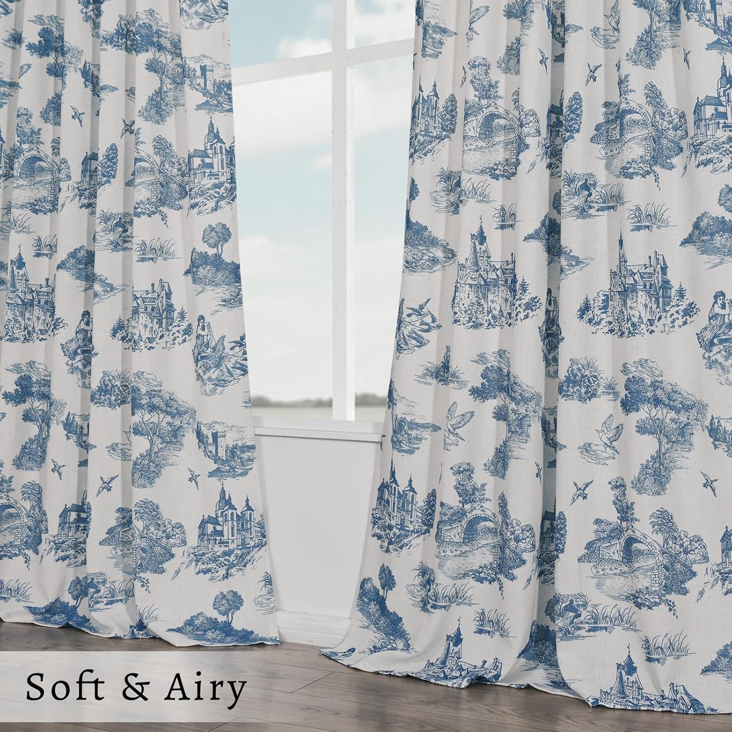 Blue Floral Linen Toile Curtains 84 Inches Long for Living Room Bedroom Toile de Jouy Printed Patterned Country Semi Sheer Curtains Back Tab Light Filtering Denim Navy Pattern 84 Inch Window Drapes