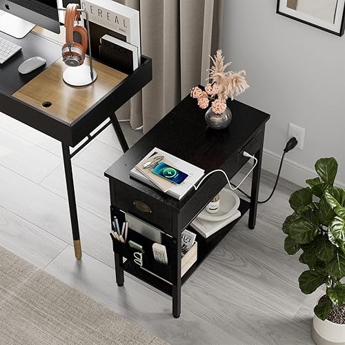 Miniatura 6 de IDEALHOUSE Juego de 2 mesas auxiliares para sala de estar y dormitorio con estación de carga, mesa de sofá estrecha con cajones, puertos