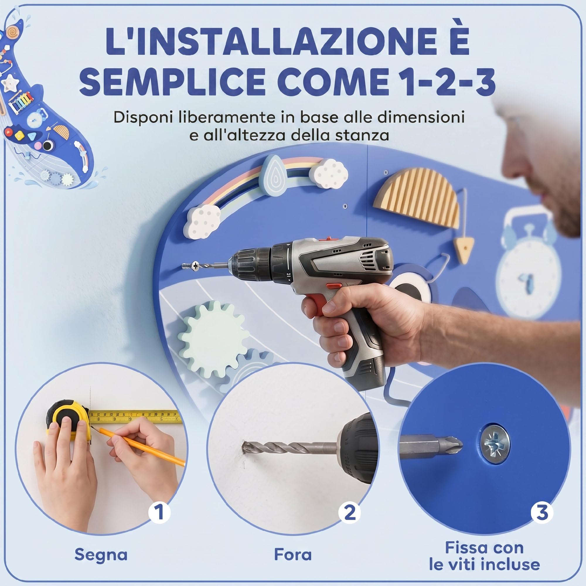 AIYAPLAY Busy Board Montessori in Legno 13 in 1 per Bambini da 2 Anni, Blu | Pannello Sensoriale da Parete a Tema Balena, con Ingranaggi, Percorsi con Perline, Orologio, Attività Musicali