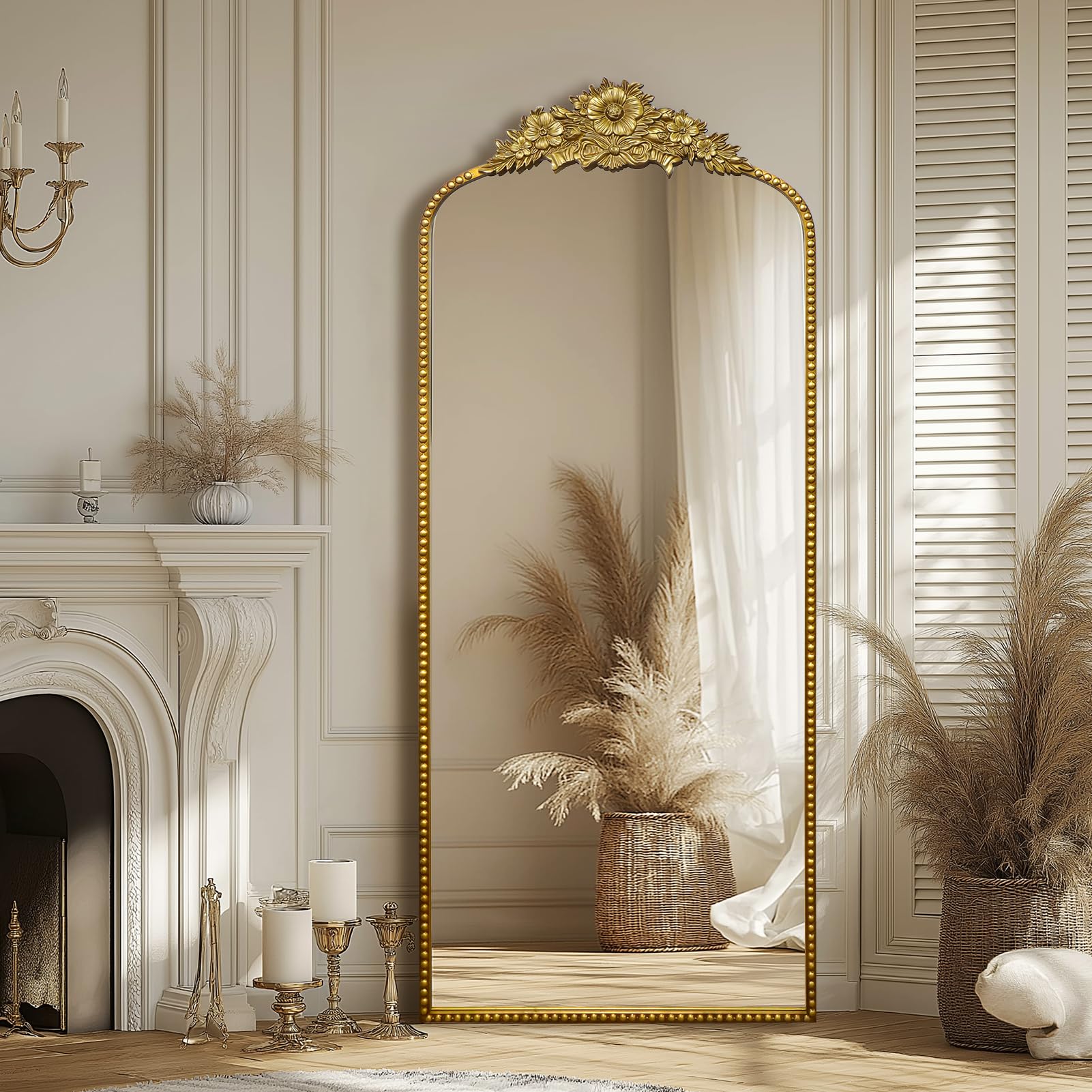G-LEAF Barock Ganzkörperspiegel Gold 190x76 cm Großer Standspiegel Wandspiegel mit Blumenmuster Ornamenten Prunkvoller Ankleidespiegel Vintage Dekospiegel für Schlafzimmer Wohnzimmer Flur