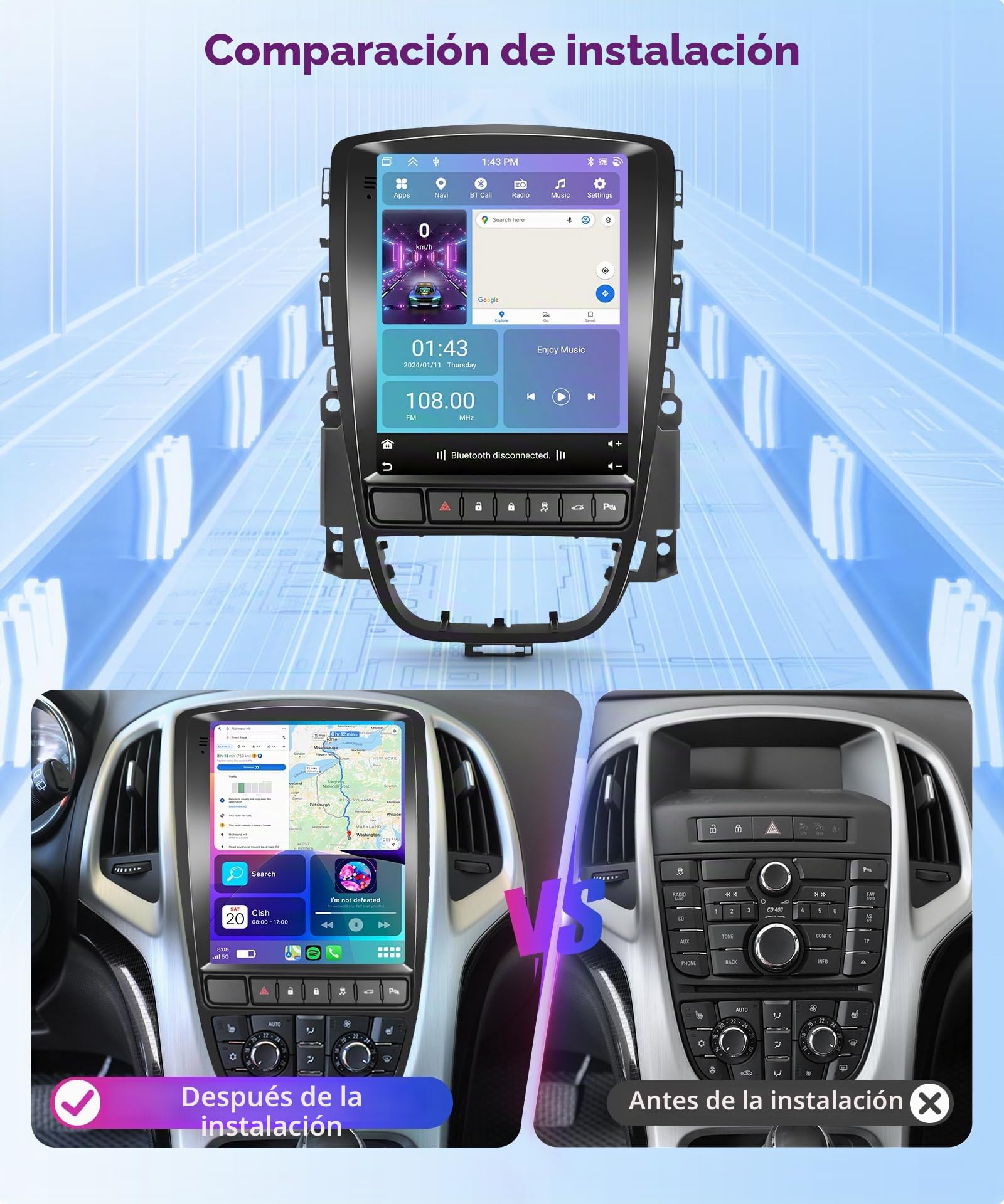[8 Core 6+128G] Android 15 Radio Coche para Opel Astra J 2009-2016 9.7" Pantalla con Carplay Android Auto Inalámbrico FM/RDS/EQ GPS WiFi Mirror Link Bluetooth Controles del Volante Cámara Trasera
