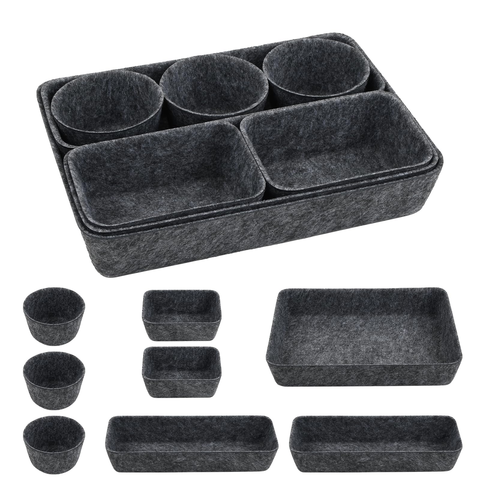 Ehuihuan Juego de 8 Organizador de Cajones de Fieltro, Organizador Escritorio Cajones, Bandejas de Fieltro, Drawer Organizer para Baño Armario Cómoda, Lavables Separadores Apilables (gris oscuro)
