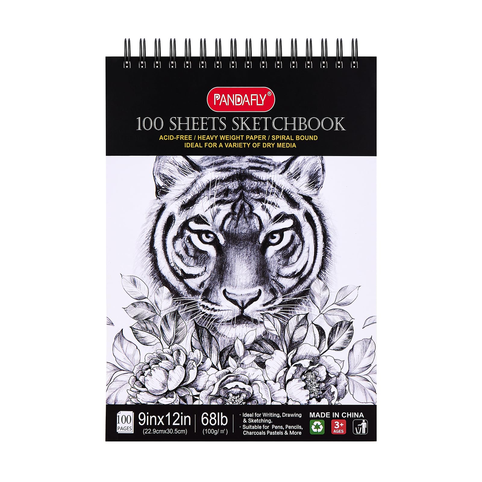 PANDAFLY 9x12 Premium Sketch Book Set, 1-Pack 100 Sheets Spiral Bound Art Sketchbook, Acid Free (68lb/100gsm) Artist Drawing Book Paper Painting Sketching Pad, Ideal for Kids, Beginners, Artists