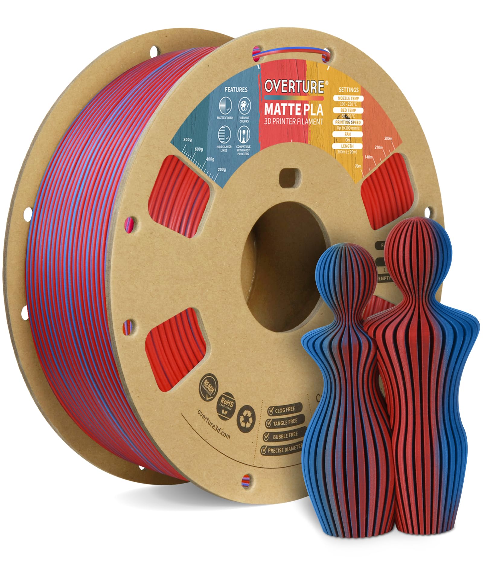 OVERTURE Matte PLA Filamento PLA opaco da 1.75mm, bobina da 1kg, Precisione Dimensionale +/- 0.02 mm, per Stampante 3D (Matte Blu-Rosso)