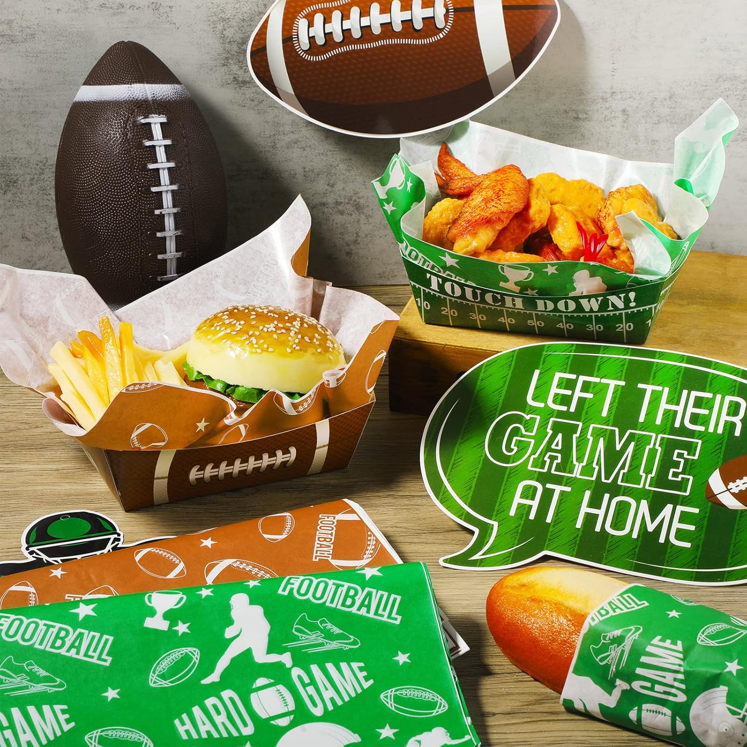 200 Pcs Football Party Supplies 1.1 lb Including 100 Paper Serving Trays and Grease Resistant Liner Sheets for Sport Game Celebrations, Birthday Favors, and Decorations