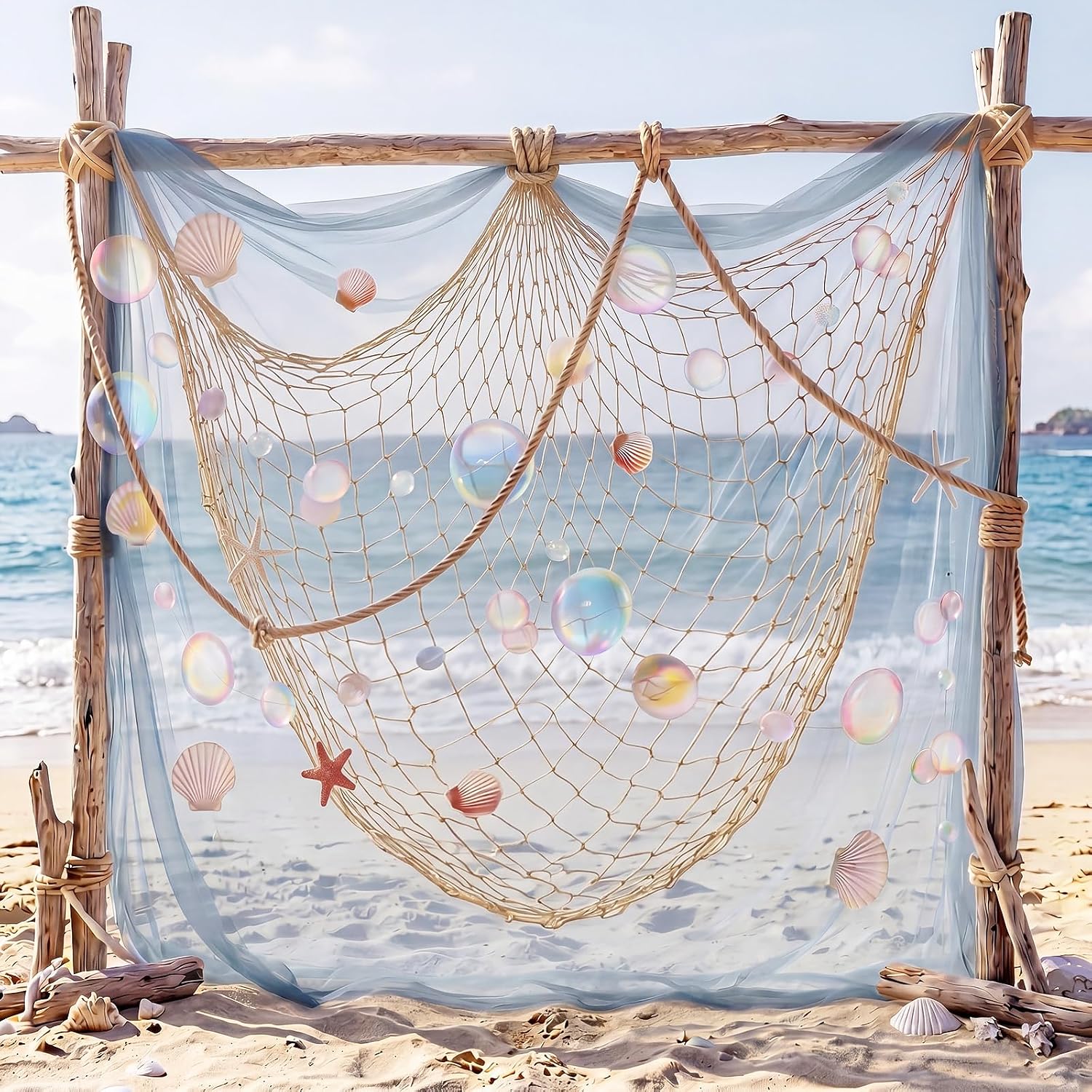 Qunclay 25 Pcs Fish Net Seashell Beach Party Decorations Include Rainbow Bubble Photo Props Nature Fish Net, Netting Decoration Colorful Seashells, Natural Starfish Beach Party, Wedding, Photography