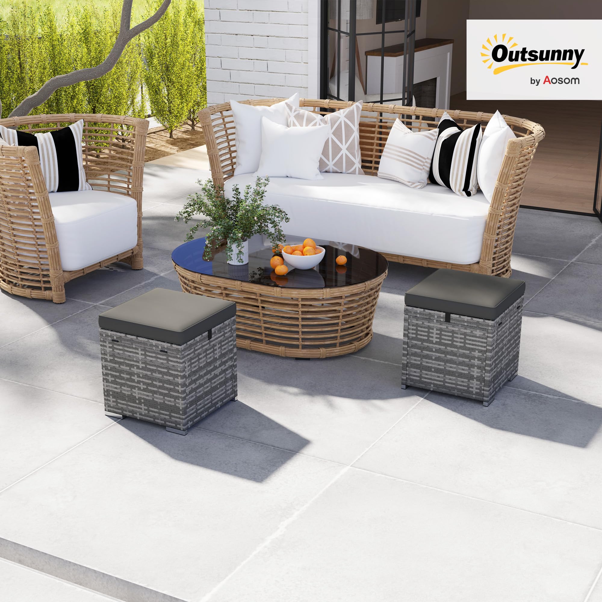 Outsunny Lot de 2 tabourets en rotin Tabouret de jardin avec aspect rotin Coussin de rangement Couvercle 120 kg résistant aux intempéries Tabouret de pied Meuble de jardin pour extérieur Jardin