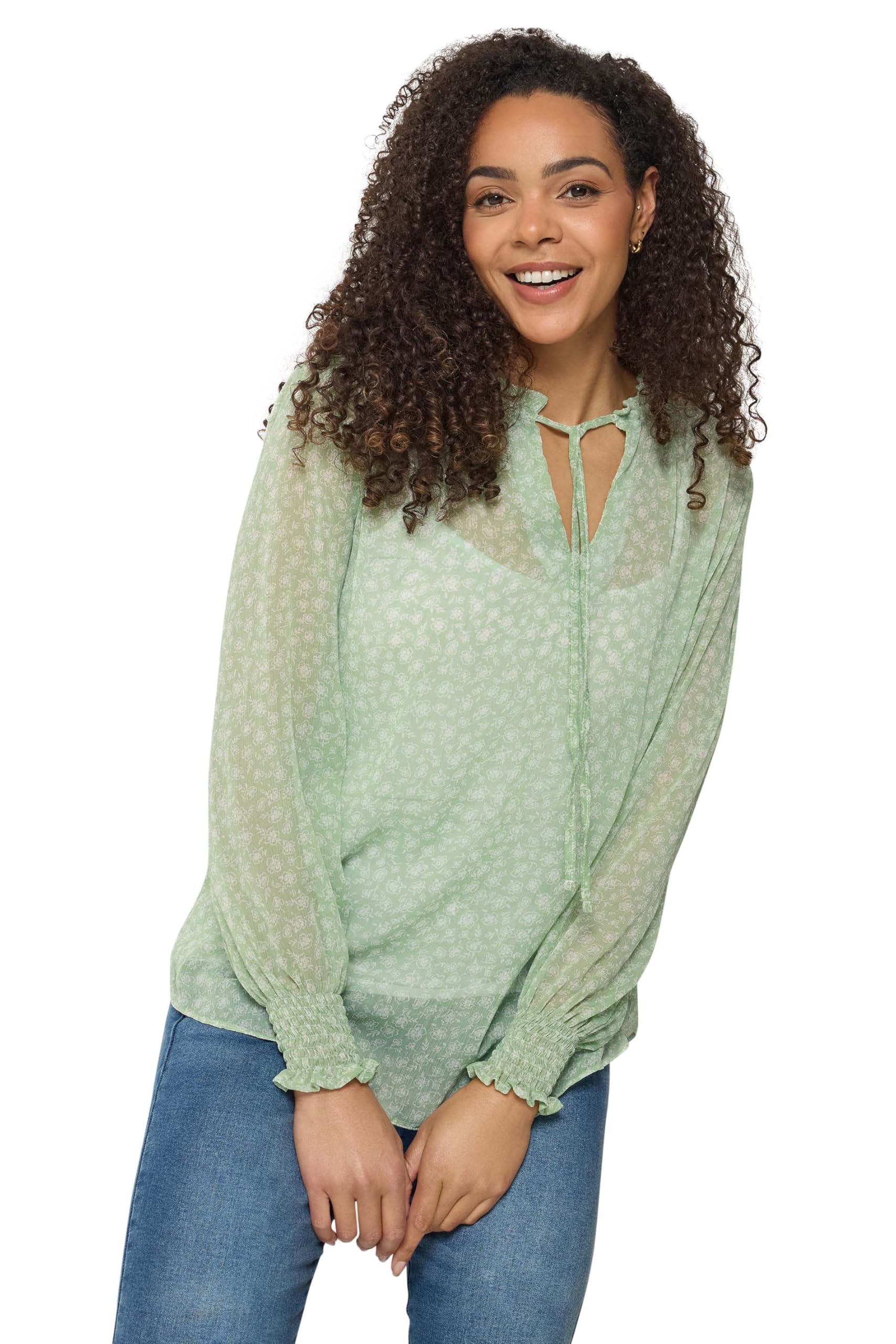 M&Co Women's Light Green Floral Tie Neck Blouse In | Size: 10