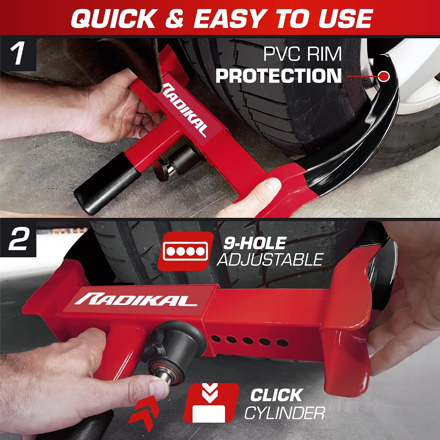 RADIKAL RK1001 Heavy Duty Wheel Clamp Lock, Adjustable 7,4-11,4in, High Security Lock, Anti-Scratch, Universal Wheel Car Boot Anti Theft Device for Vehicle Truck, Van, Golf Cart, Motorhome Camper