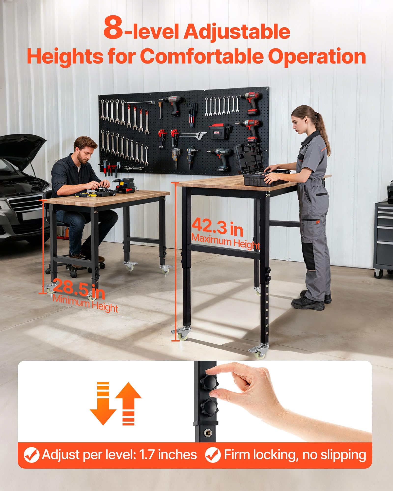 VEVOR Werkbank, 680 kg, Werkstatttisch mit Rolle, 122x60 cm große Arbeitsplatte aus Eichenholz, Arbeitstisch mit Höhenverstellung von 725-1075 mm, Werktisch für Garage, Werkstatt, Zuhause & Büro