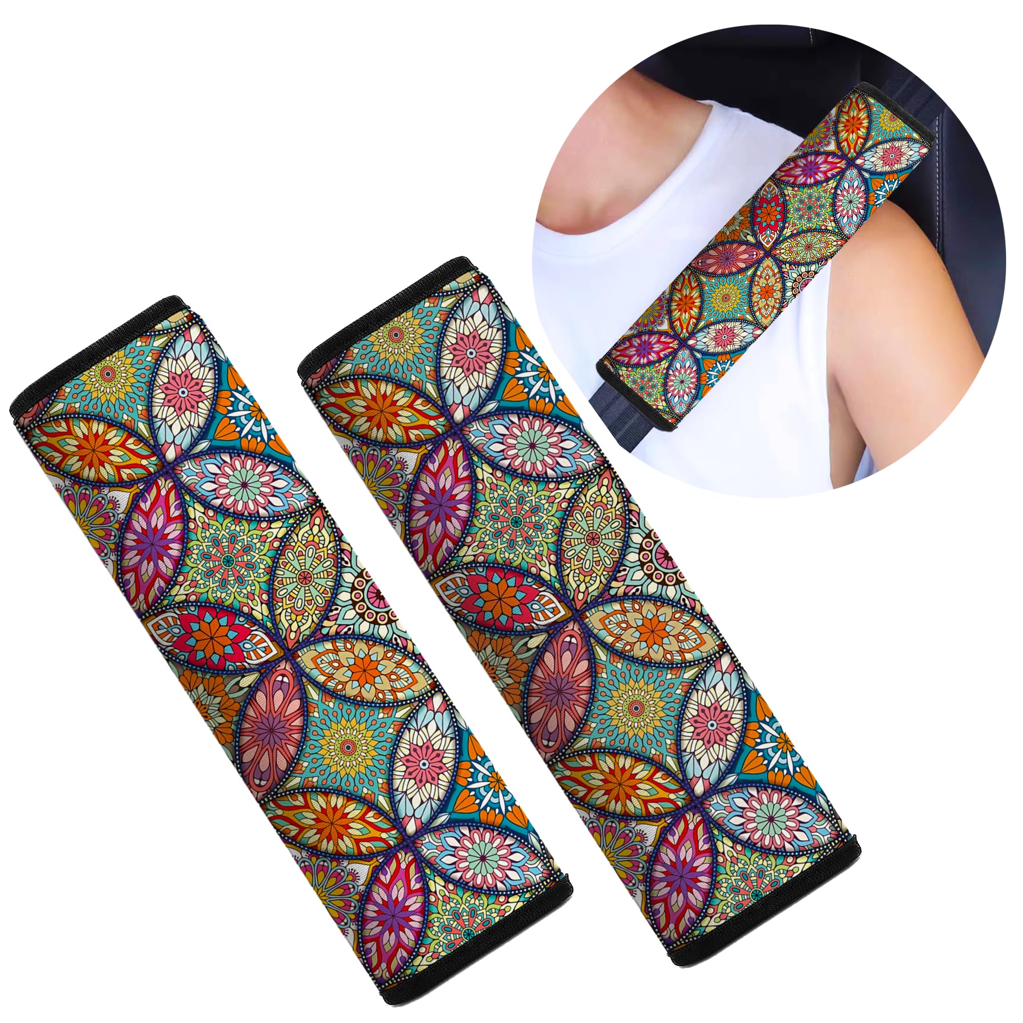 Mokiwala Car Seat Belt Pad Cover, 2-Pack Soft Car Safety Seat Belt Strap Shoulder Pad for Adults and Children, Suitable for Car Seat Belt, Backpack, Shoulder Bag (Pretty Mandala)