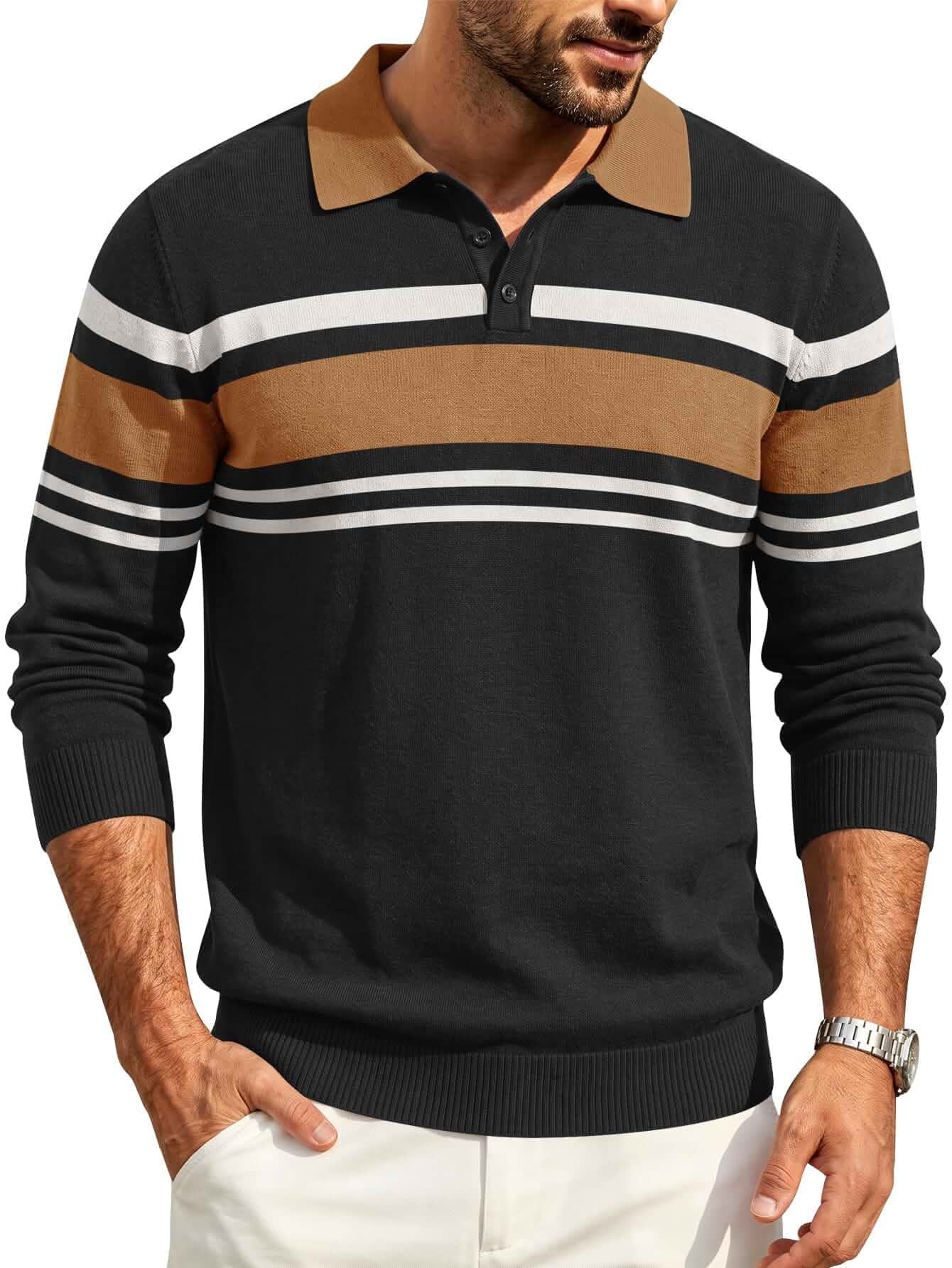 Hardaddy Mens Long Sleeve Polo Shirts Casual Knit Striped Collared Sweater Quarter Button, Color Block Style, Pullover, Collared, Knitted, Classic, Dress, Golf, Casual, Fall winter Layering Sweater