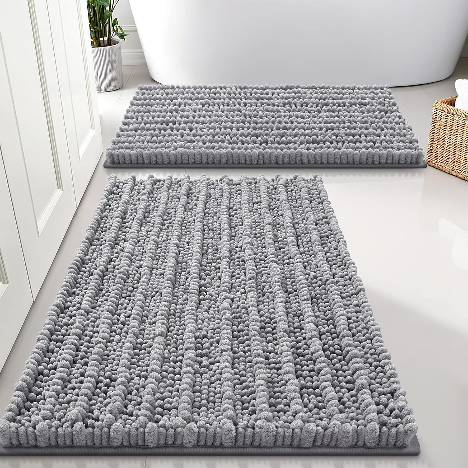 Smiry Bathroom Rugs Set 3 Piece, Extra Soft Absorbent, Non Slip Rubber Backing Machine Washable Quick Dry Chenille Bath Rug Set for Tub, Shower, and Floor 30" x 20"+30" x 20" +24" x 16" Grey