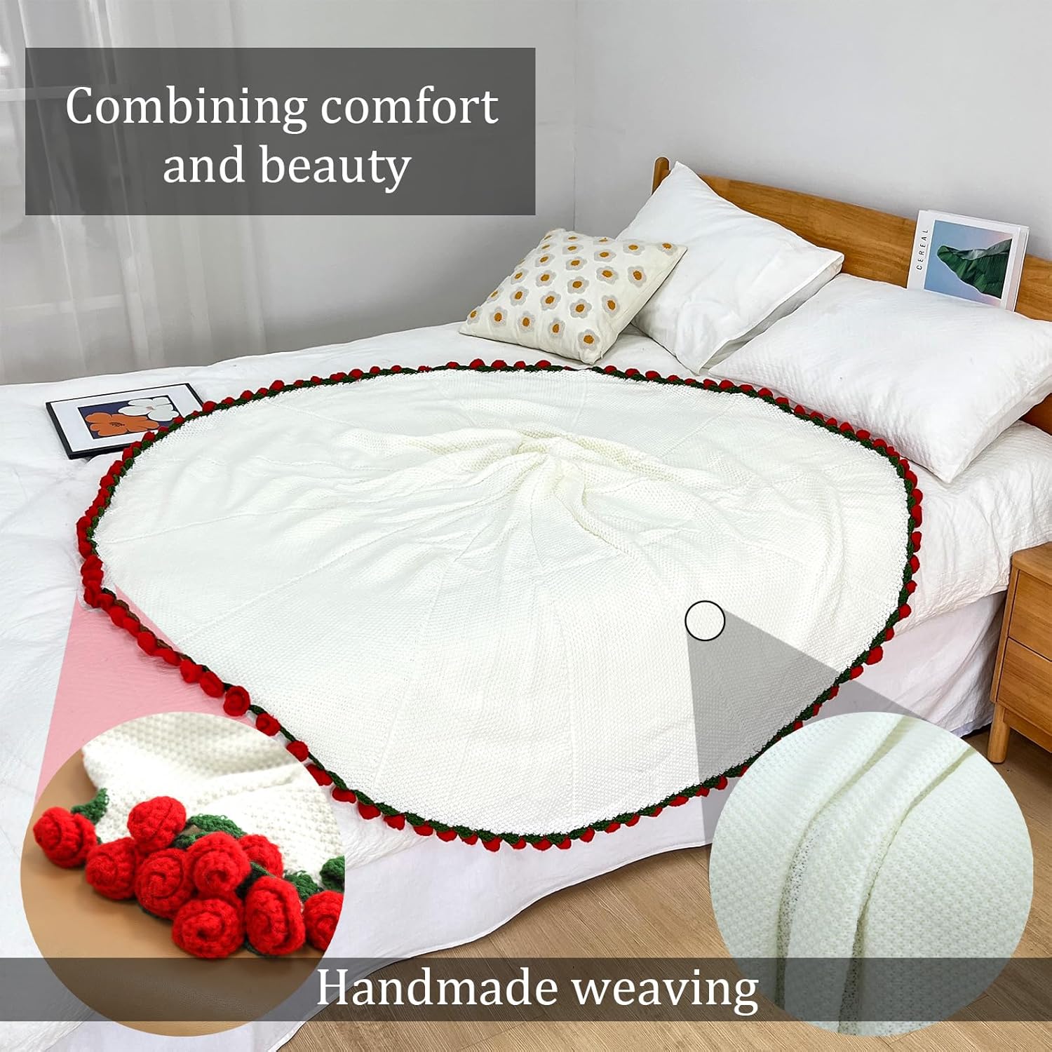 Crochet Flower Blanket, 43'' Crochet Flowers Bouquet Blanket Gifts for Women Birthday Unique, Soft Knit Throw Blanket Home Decor, Romantic Rose Blankets for Valentine's Day, Christmas,Anniversary(Red) - Image 6