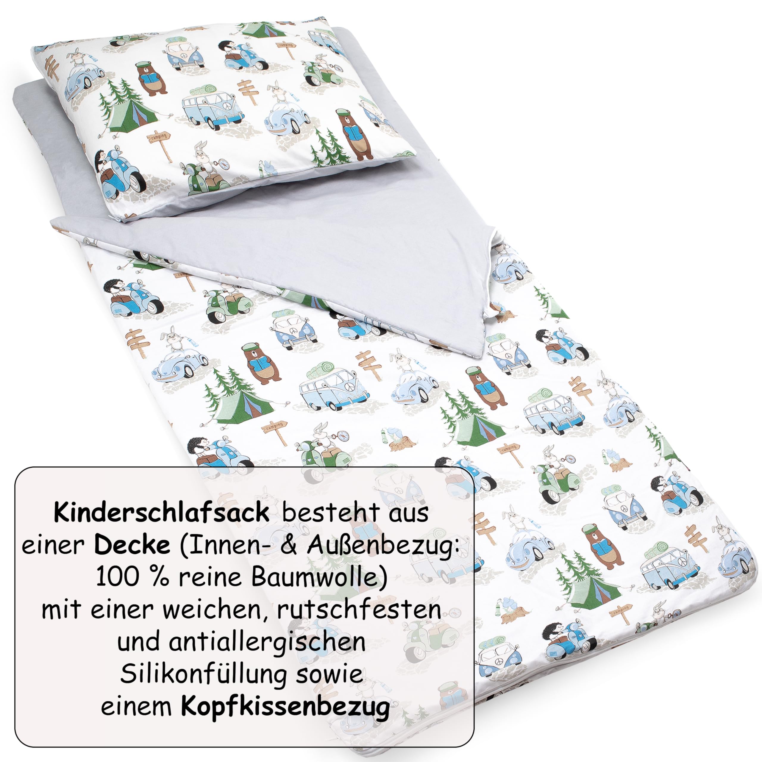 PinkZebra Schlafsack Kinder 140 x 75 cm + Kissenbezug 60 x 40 cm & Beutel, Indoor für Kindertagesstätte Kindergarten Deckenschlafsack, (bis 135 cm 