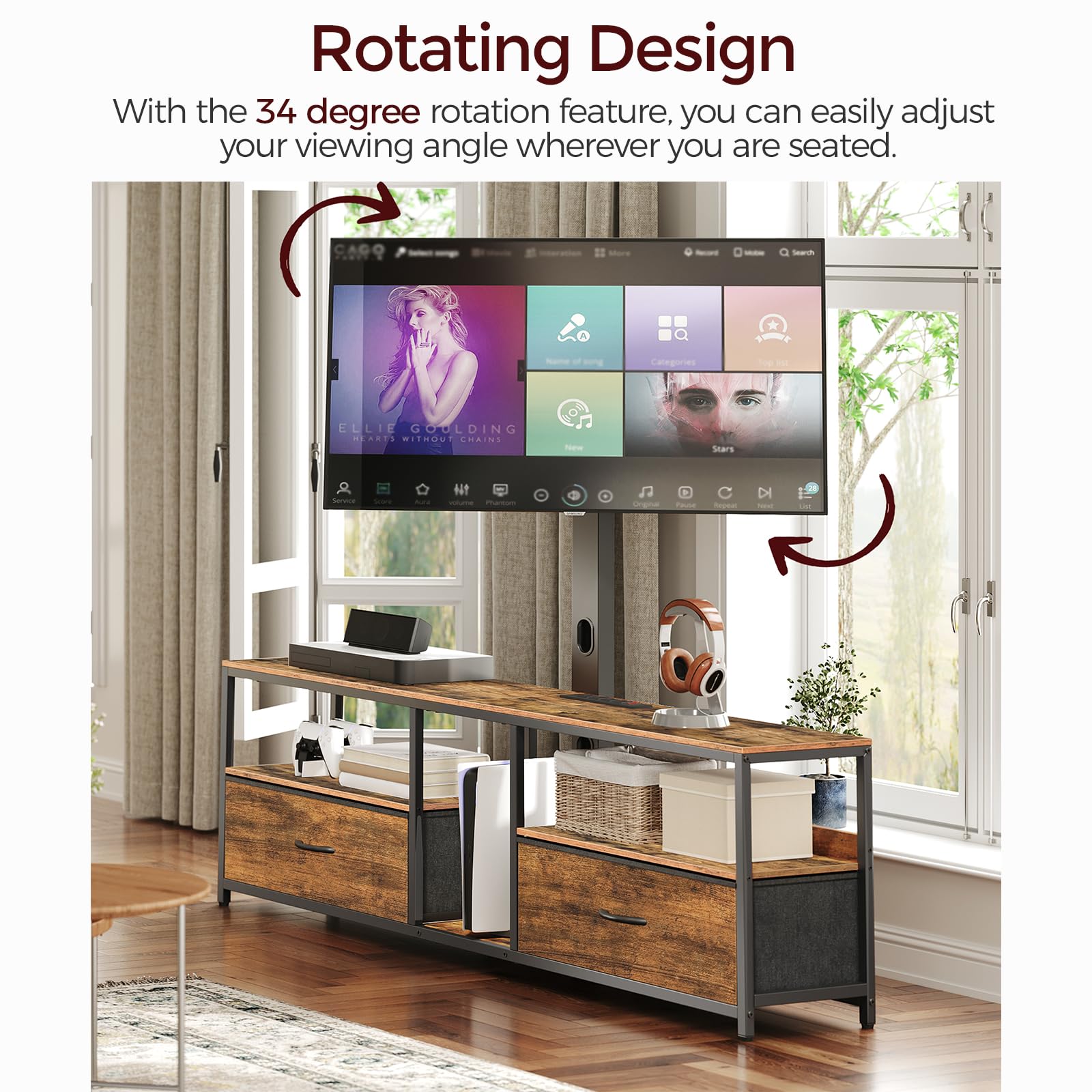 TV Stand with Mount for up to 75", Entertainment Center with Switch-Controlled Charging Station, Swivel TV Stand Mount with Fabric Drawers, for Living Room, Rustic Brown TVHR154E01N1