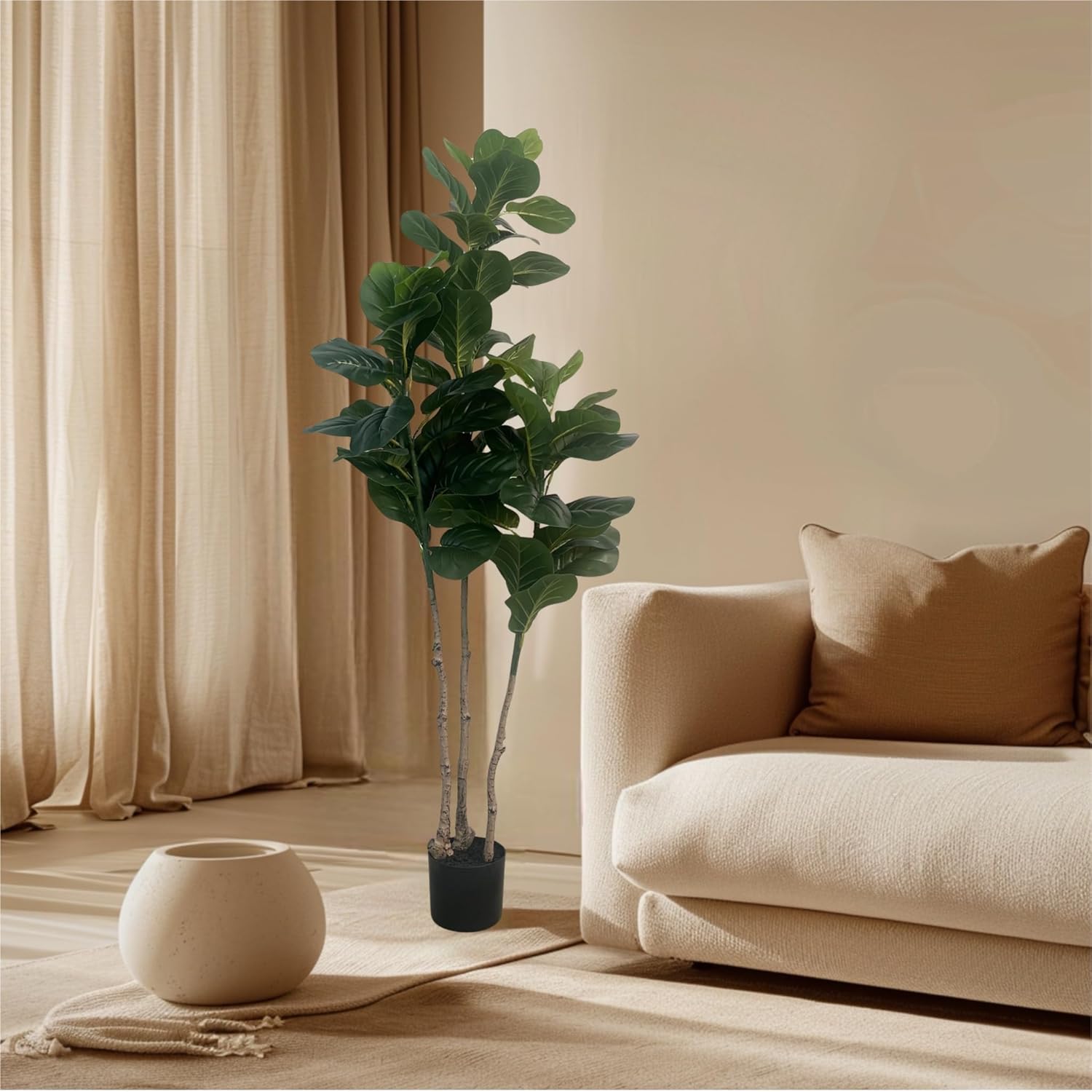 XBrand 5ft Artificial Fiddle Leaf Fig Tree, Realistic Leaves Faux Ficus Lyrata Floor Plant for Indoor Home, Living Room and Office Decor, Decorative Fake Tree, Housewarming Gift