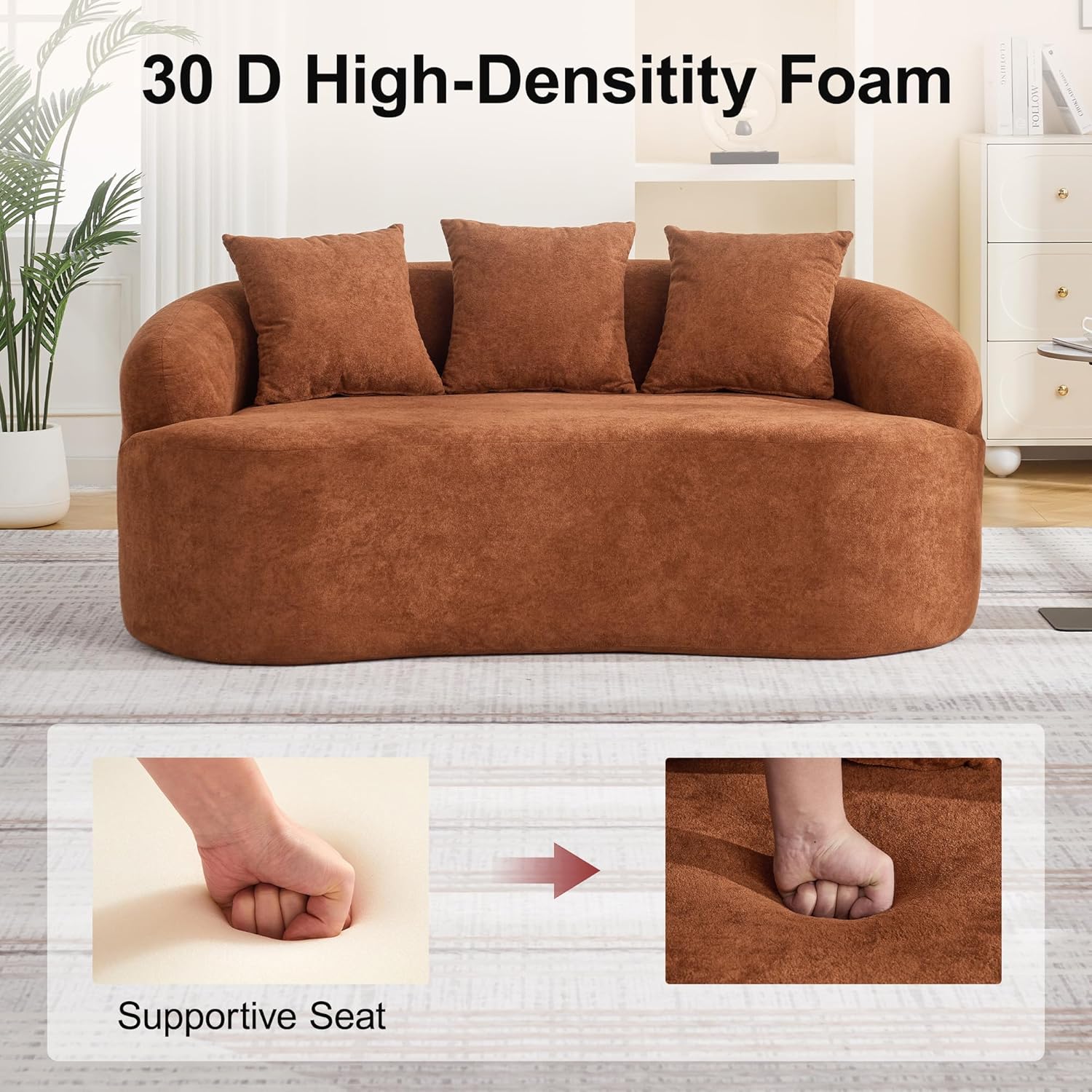 65" Curved Loveseat Sofa, Deep Seat Love Seat Couches with 3 Throw Pillows, Modern 2 Seater Boneless Curved Couch, Compressed Floor Sofa for Living Room Small Spaces, No Assembly, Orange