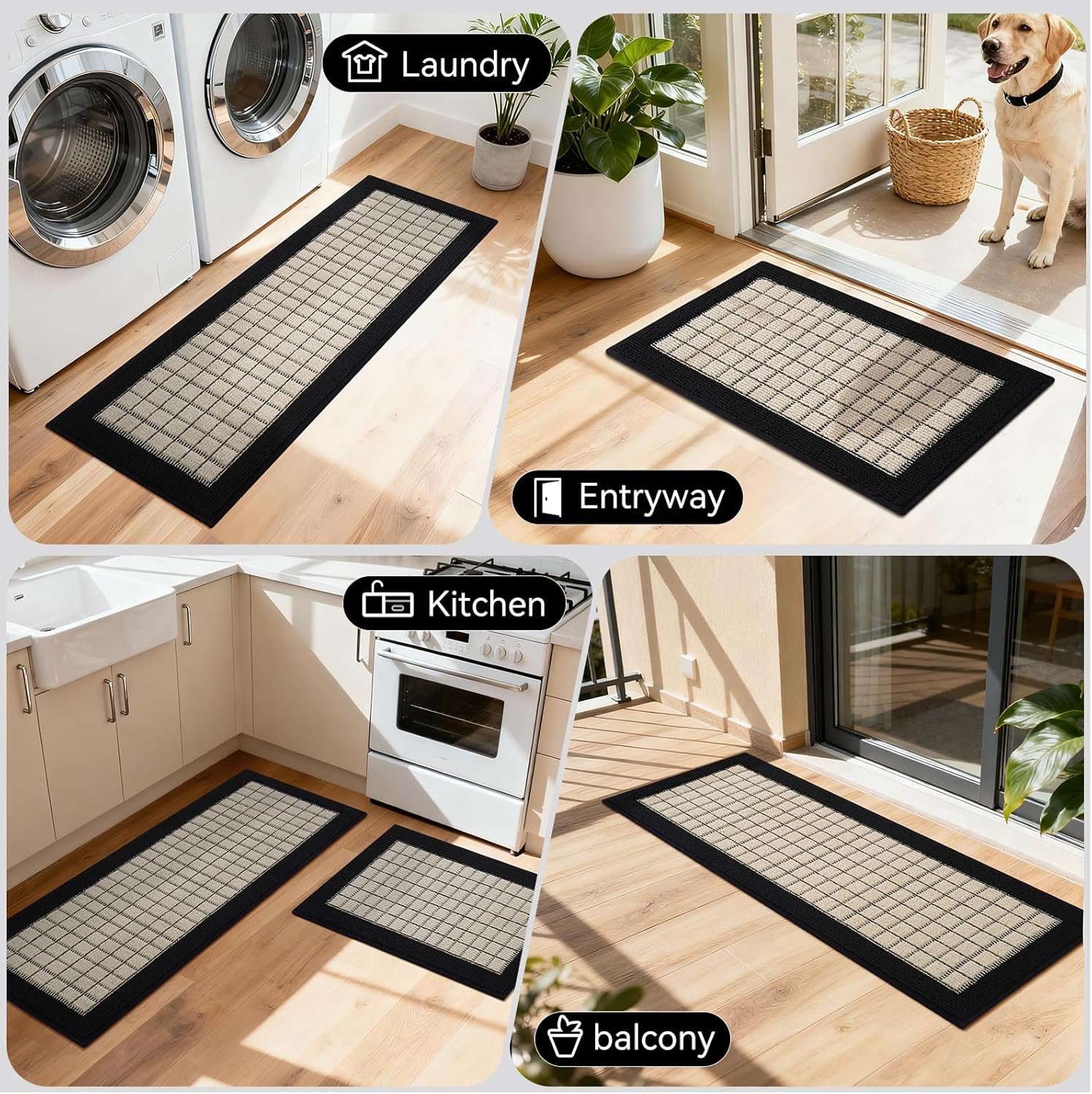 Kitchen Mats for Floor 17"x47", Non-Slip Washable Kitchen Rugs, Absorbent and Stain Resistant Kitchen Rug, Durable Comfortable Rugs for Kitchen, Hallway, Laundry & Sink, Black