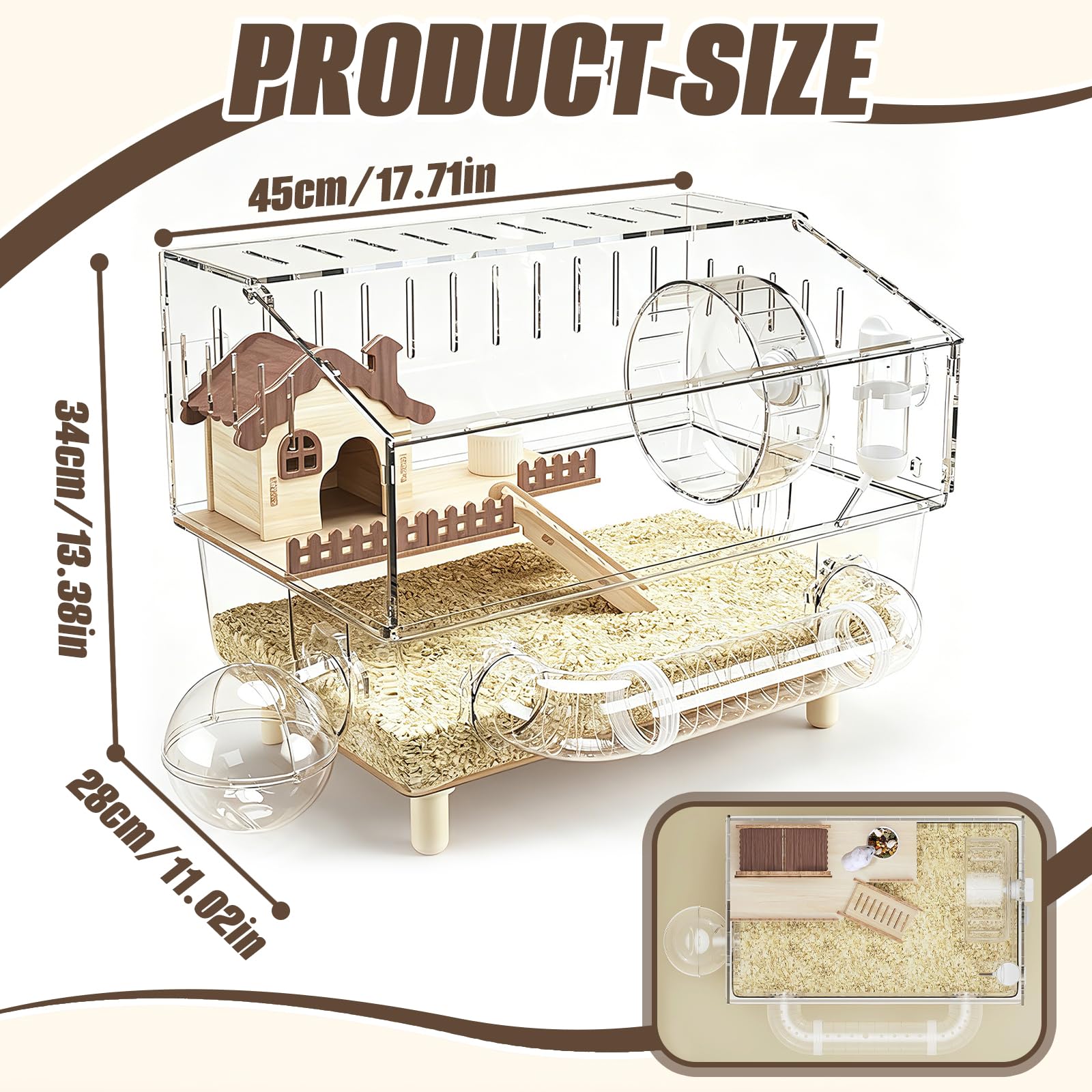 Gabbia per Criceti, 43 x 30 x 34 cm Villa in Acrilico per Criceti a Due Piani con Area di Riposo Ruota per Esercizi Tunnel Bagno Esterno Bollitore e Ciotola per il Cibo per Piccoli Animali