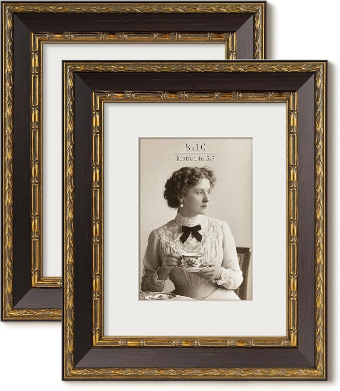 Vintage 8x10 Picture Frame, Ornate Antique Gold 8x10 Frame with Tempered Real Glass, Display 5x7 with Mat or 8 x 10 without Mat for Retro Wall Decor (Brown/Gold, 2 Pack)