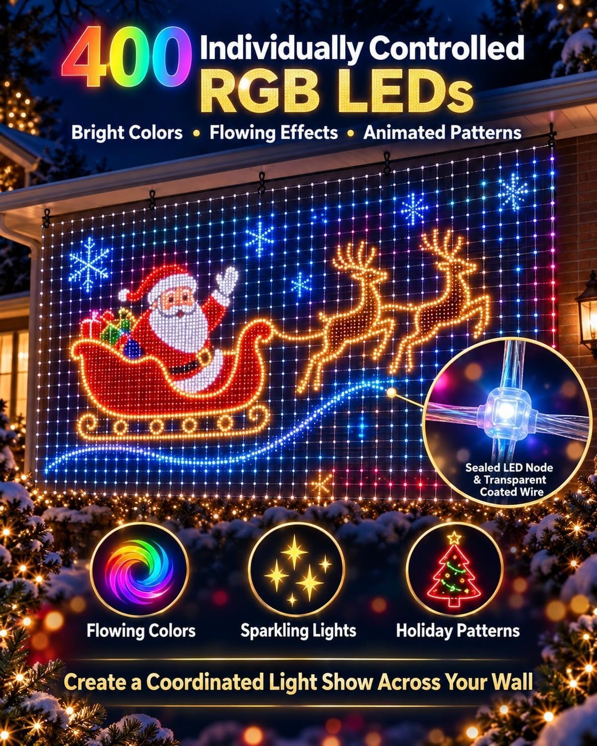 Rete Luminosa LED Natalizia 3x3 m con 400 LED RGB e Telecomando a 32 Tasti