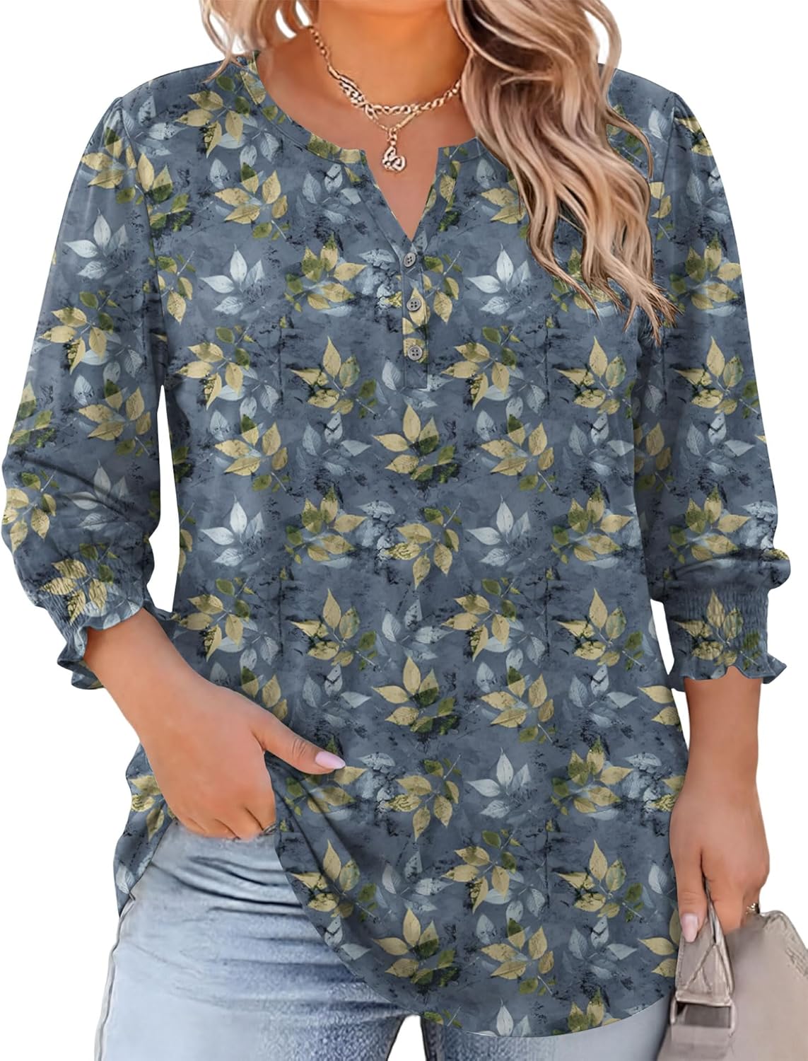 LOMON Womens Plus Size Tops 3/4 Length Sleeve Womens Tops Casual V Neck Loose Fit Blouses 1X-5X