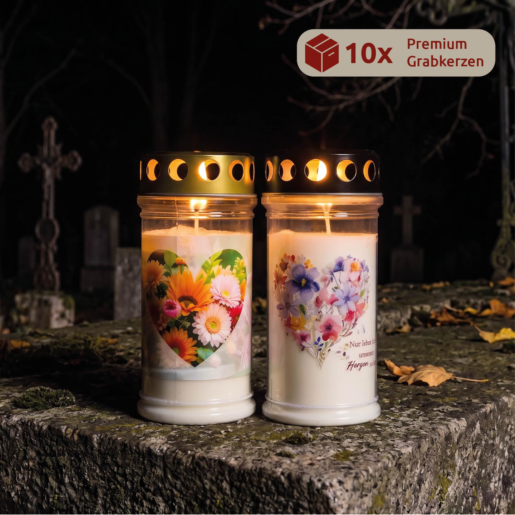 10er Set Grabkerzen 4 Tage Brenndauer | Herzmotiv | Wetterfestes Grablicht mit Deckel | Trauerkerzen für Grab, Friedhof, Grabdekoration & Grabschmuck