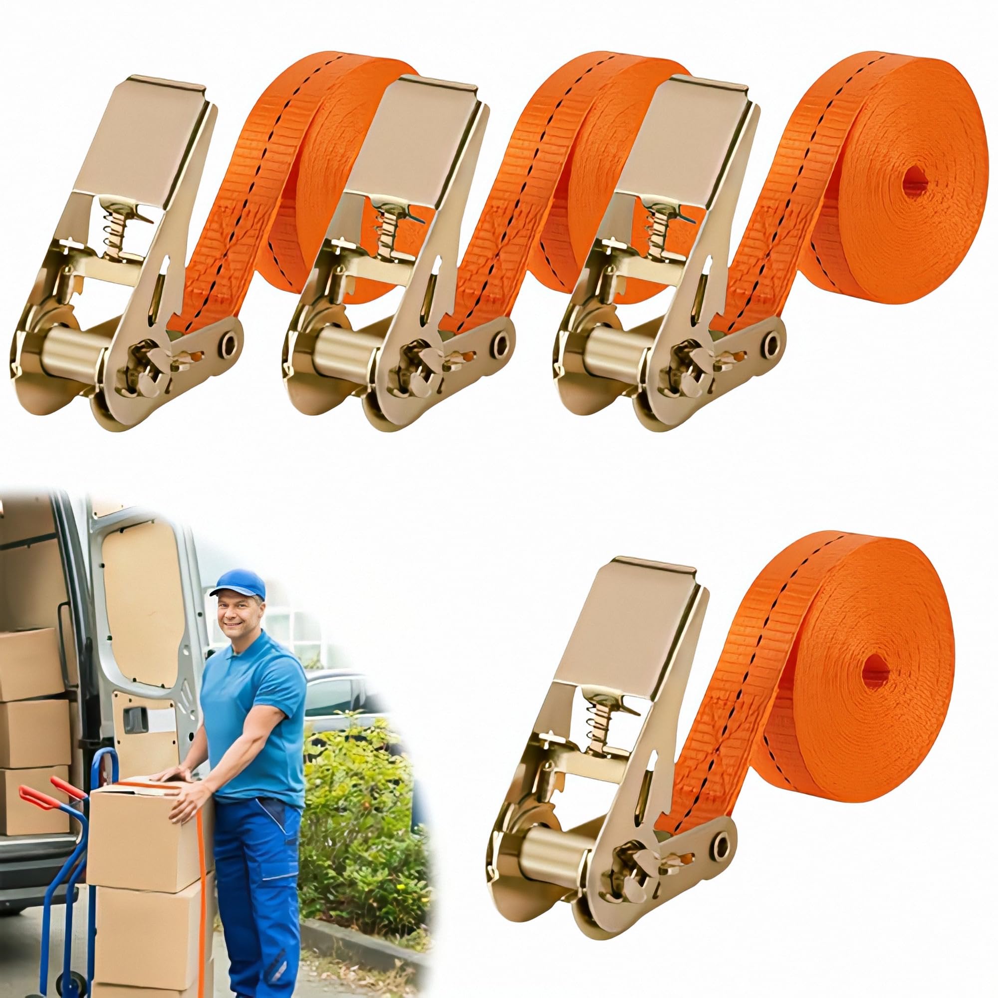 Sangles Polyester Résistant Lot De 4 Sangles D'arrimage Avec Cliquet - - Charge Max 1000kg - Pour Moto, Vélos, Bagages, Orange 2,5cm X 8m