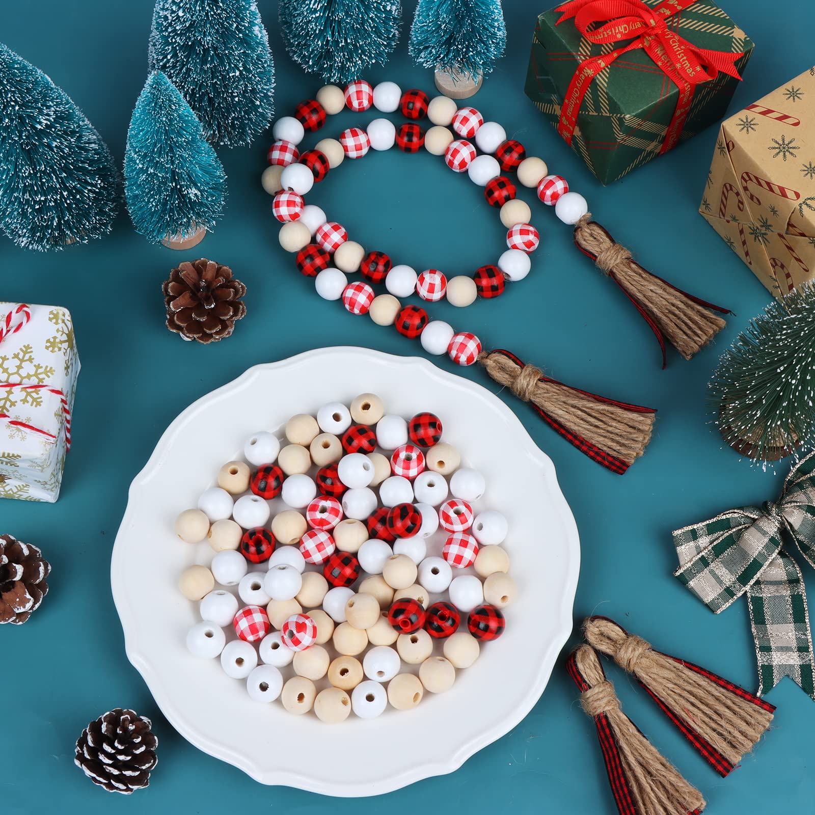 240 Weihnachtsperlen & Hanfseil – 16mm Bunte Holzperlen Zum Basteln