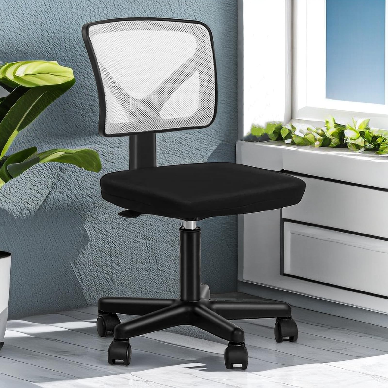 Office Chair, Armless Desk Chair Mesh, Ergonomic Computer Chair Adjustable Height & Swivel, Home Rolling Chair with Lumbar Support & Wheels for Small Space, Living Room, Conference Room (White)