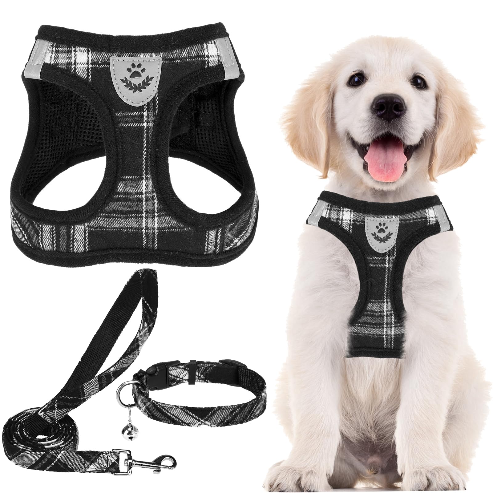 PUPTECK Adjustable Dog Harness Collar and Leash Set Step in No Pull Pet Harness for Small Medium Dogs Puppy and Cats Outdoor Walking Running, Soft Mesh Padded Reflective Vest Harnesses, Black XS