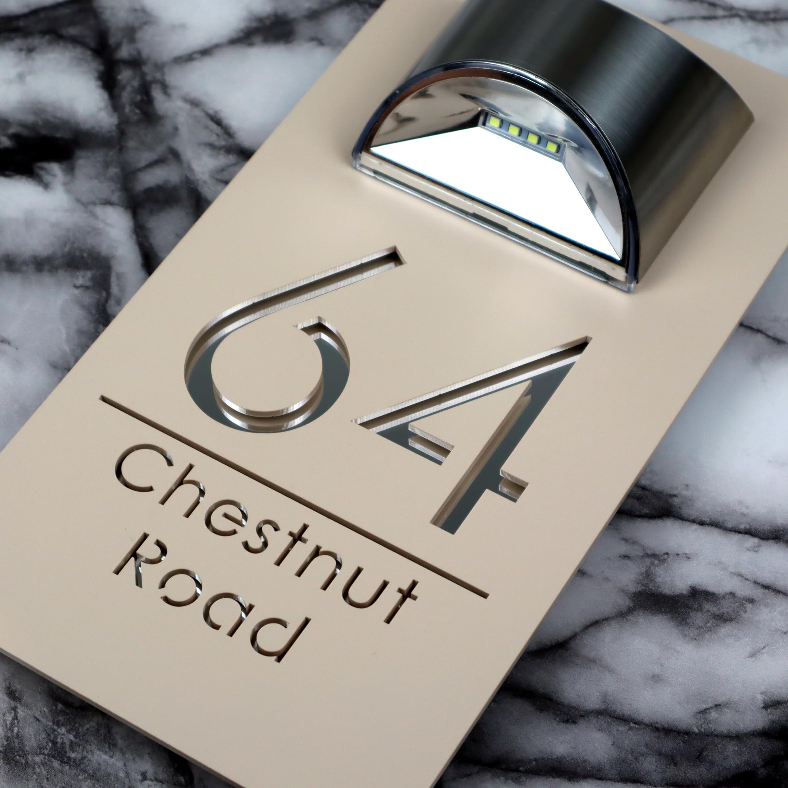 K Smart Sign | Bellissima LED F31 | Solar Light House Signs Door Number Plaques For Wall - Matt Cream & Silver Mirror