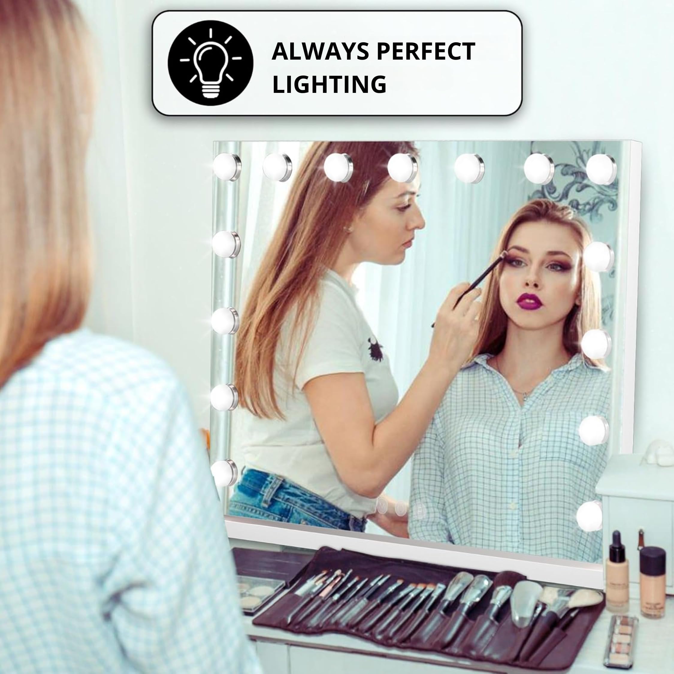 Bayt Specchio Trucco con luci LED – Specchio Hollywood bianco 58x46 cm con 15 lampadine dimmerabili, 3 tonalità di luce (calda, fredda, naturale), touch screen