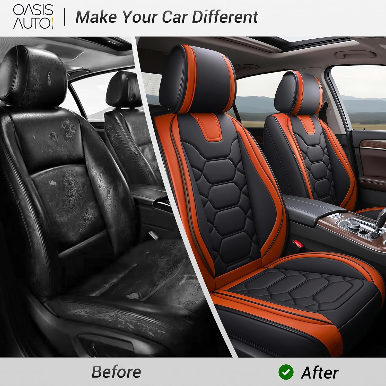 OASIS AUTO Car Seat Covers Front Seats, Sporty Honeycomb Waterproof Leather Protectors, Universal Fit for SUV, Sedan, Truck Interior Accessories (OS-004 Black&Orange) image 5