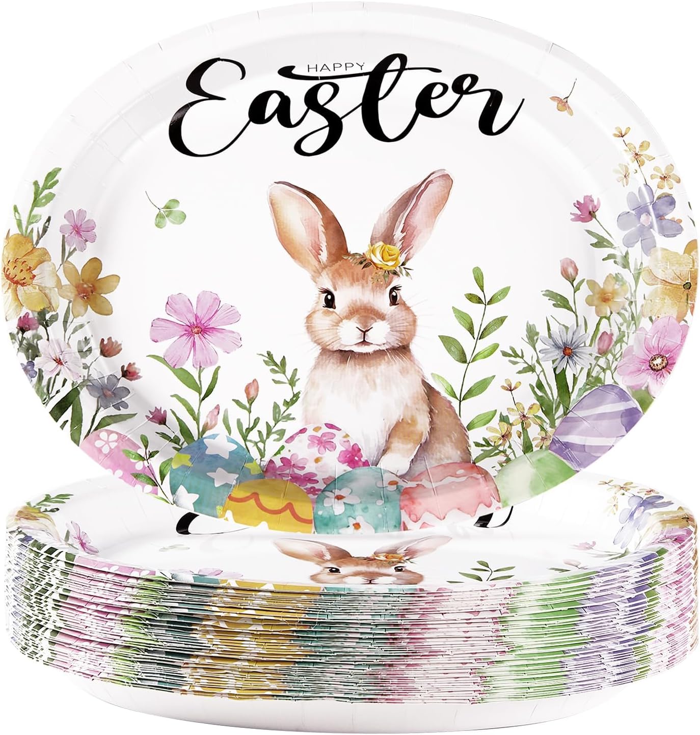 50PCS Easter Oval Paper Plates Easter Decorations 10" X 12" Large Easter Bunny Paper Plates Disposable Easter Party Plates Bunny Egg Flowers Tableware for Spring Easter Holiday Party Supplies