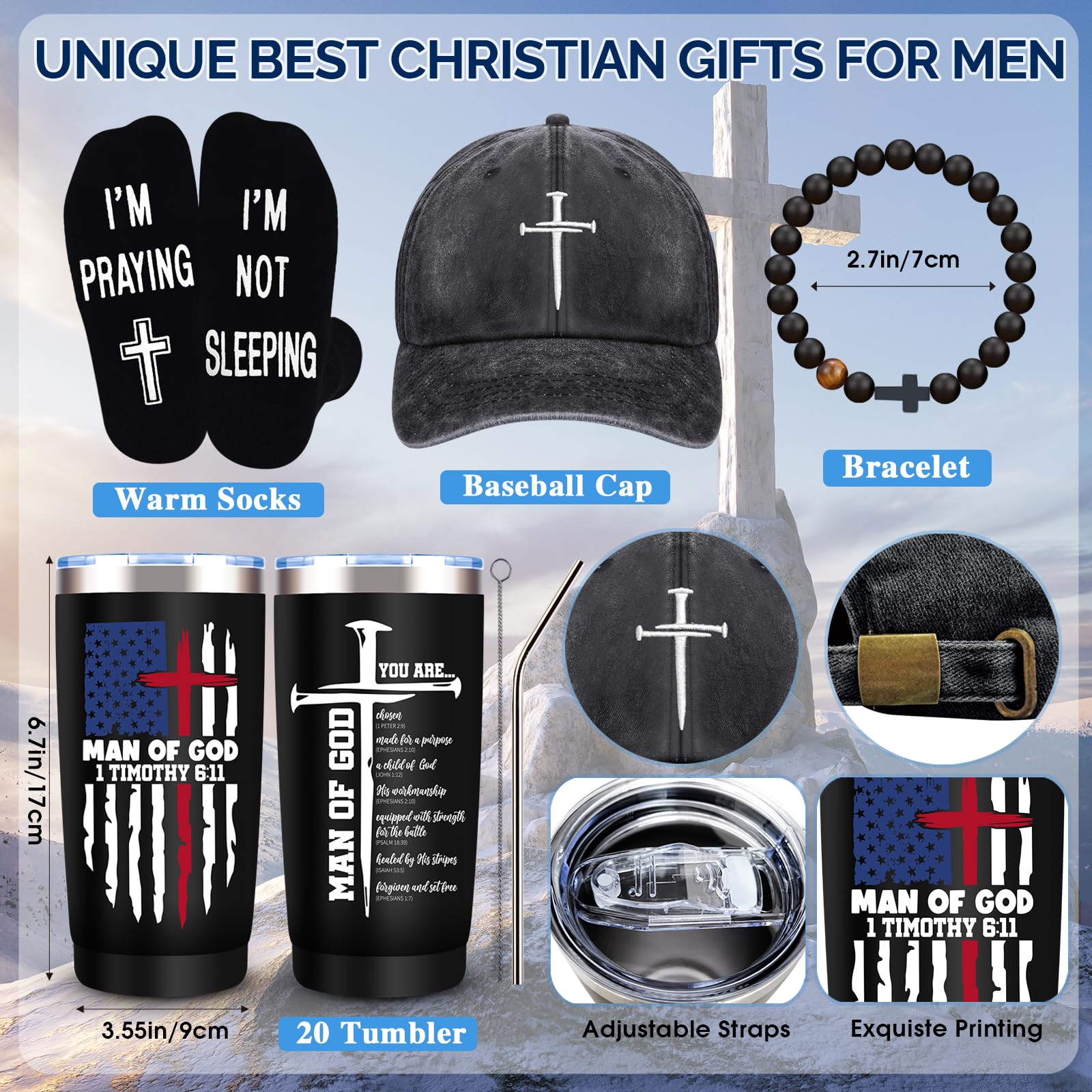 10 Pcs Christian Gifts for Men Faith, Inspirational Religious Gifts, Catholic Gift with 20 Oz Tumbler Bible Verses Crystal Plaque Hat Socks Bracelet Keychain for Husband, Dad, Grandpa, Friends