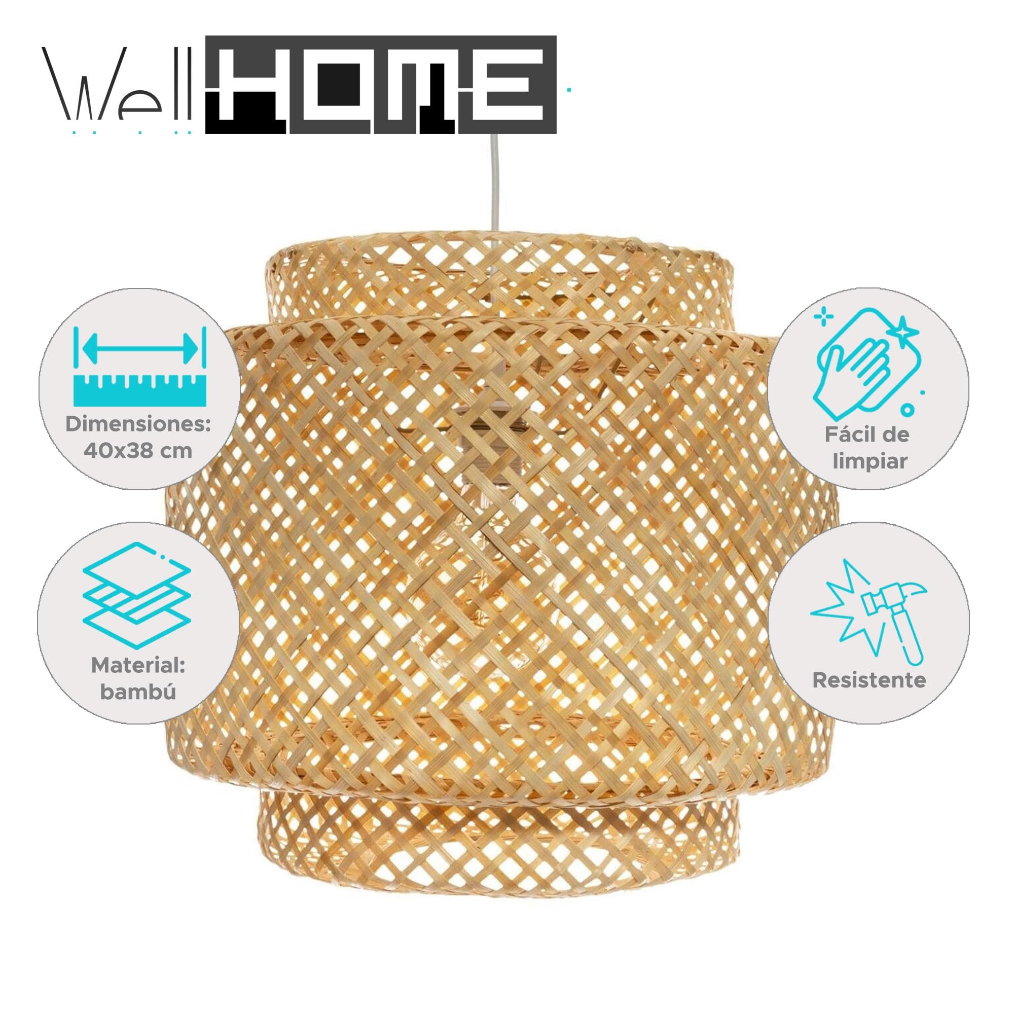 Lampara Techo, Lampara Colgante Techo de Fibra de Bambu, Tamaño 38 x 40 cm, Casquillo E27, 40W Max, Cable 80 cm, Perfecta Lampara de Salon, Dormitorio, Estudio, Porche