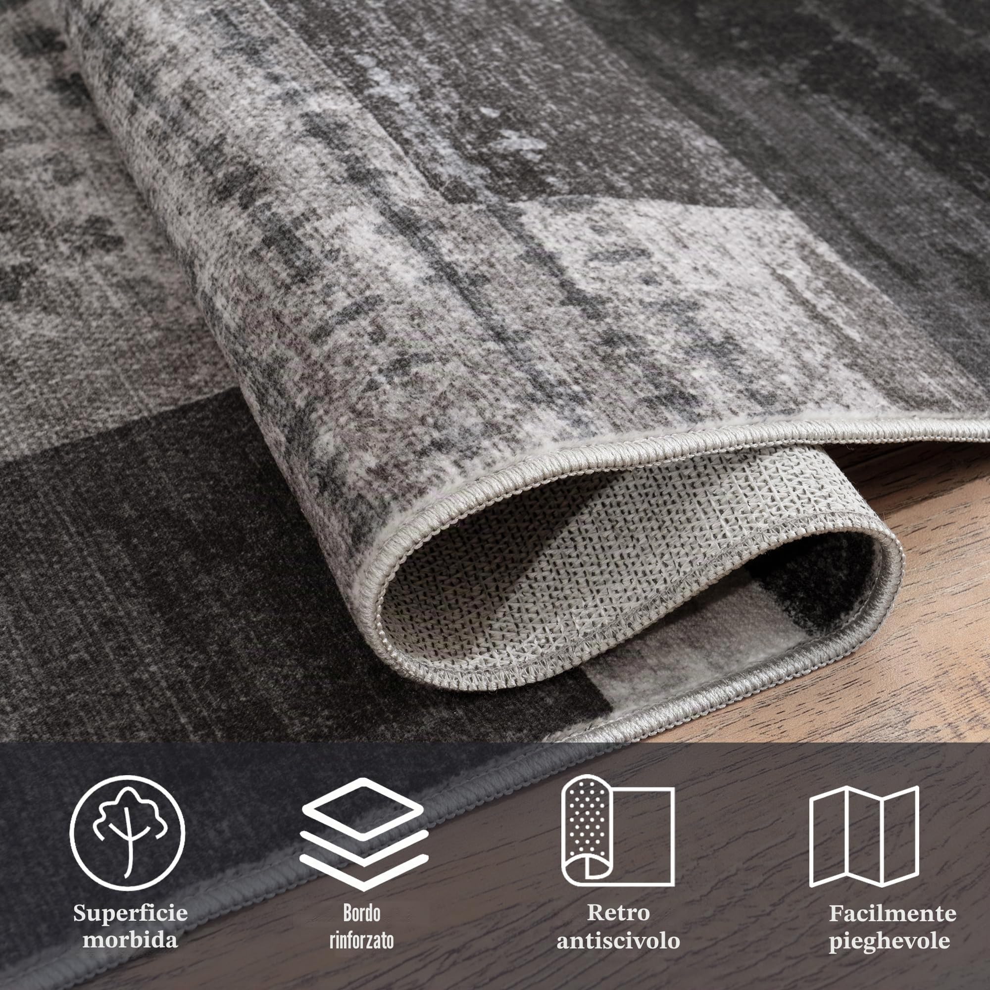 Tappeto moderno geometrico patchwork per interni e soggiorno, antracite, 140x200 cm, grandi tappeti, collezione Rockwood, decorazione per camera da letto, grigio, morbido, pelo corto