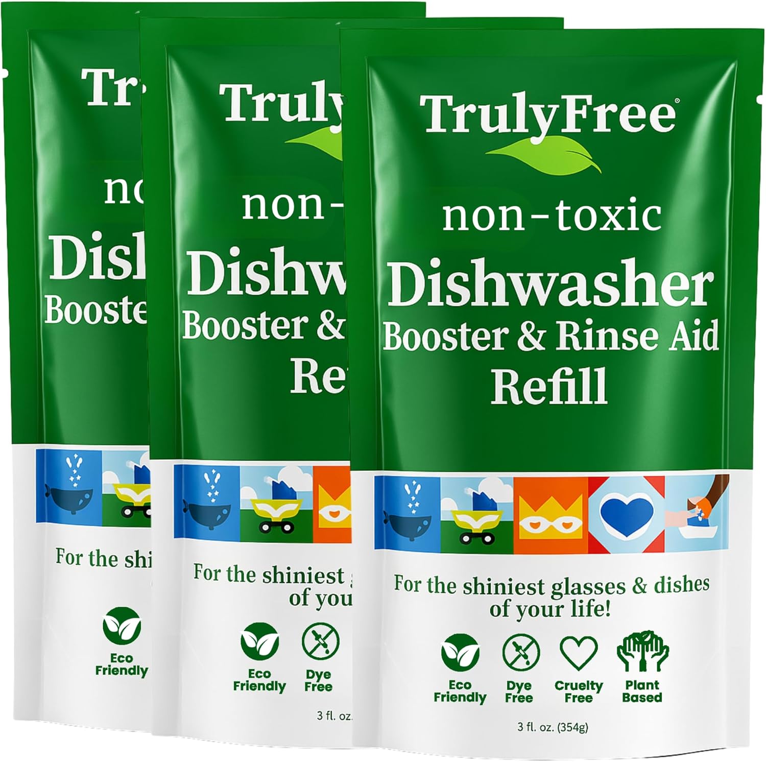 Truly Free Natural Dishwasher Booster & Rinse Aid - Non-Toxic Dishwashing Aid Formula, Removes Residue & Tough Dish Stains, Water Spot Remover - Pack of 3