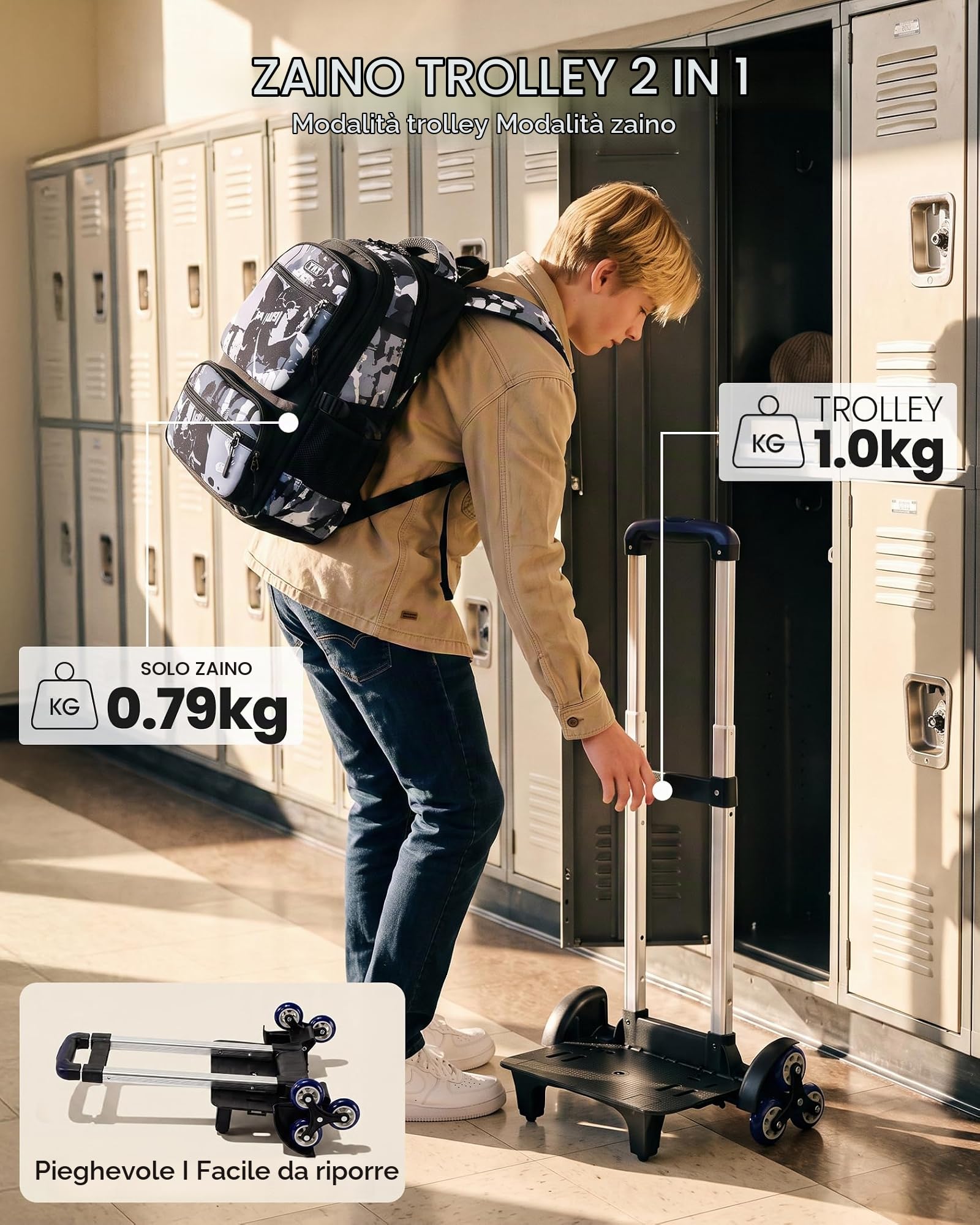 Amythe Zaino Trolley Scuola Media e Superiore, 40L Zaino con 6 Ruote per Ragazzo Adolescenti 10-24 anni, Zainetto Casual con Rotelle per Viaggi, Staccabile e Impermeabile -Nero