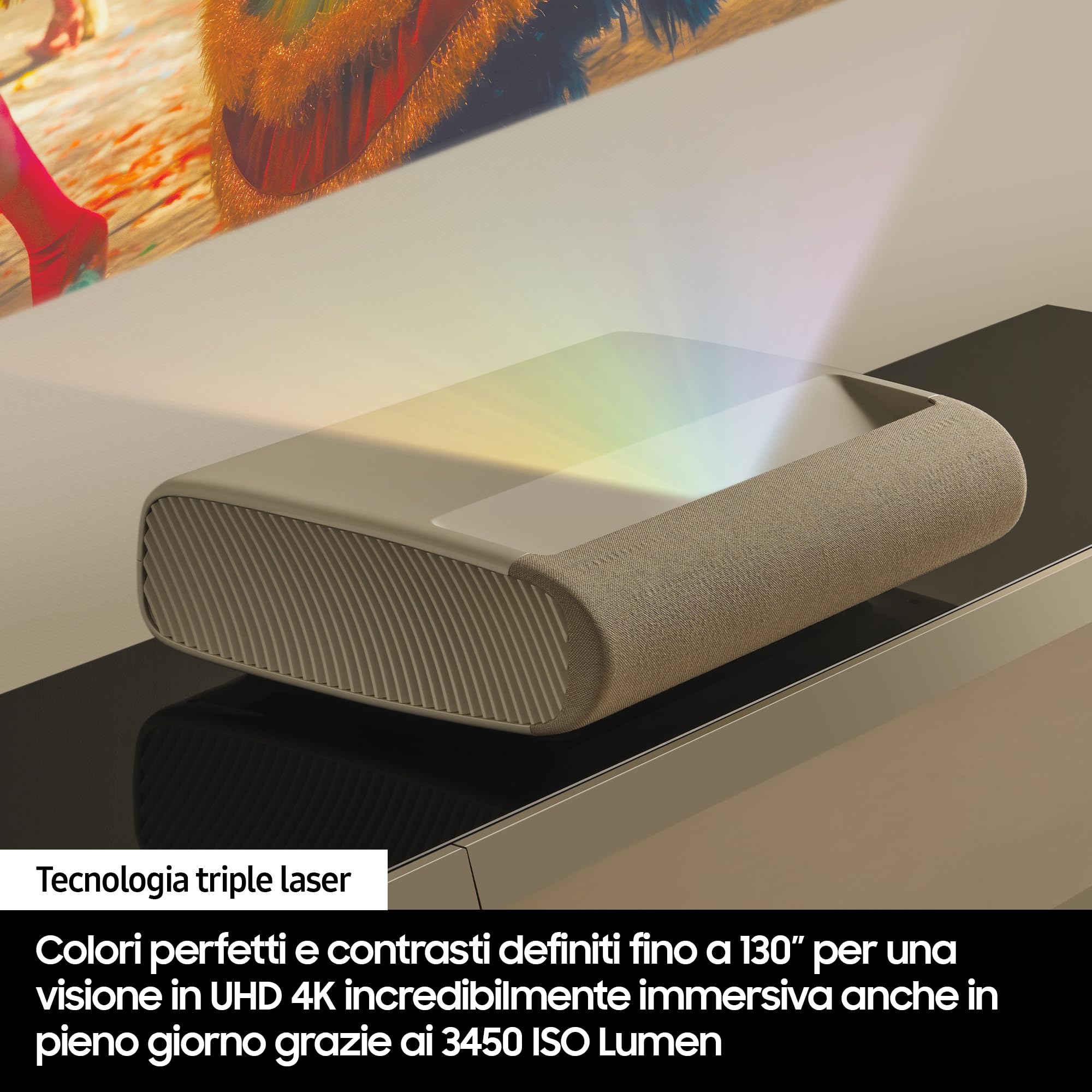 Samsung Proiettore 4K UHD The Premiere LSPU9, Tecnologia Triplo Laser 4K, 3450 ISO Lumen, Proiezione a Raggio Ultra-Corto, FILMMAKER MODE, Suono Potente 2.2.2 Canali da 40 Watt, Colore Warm White