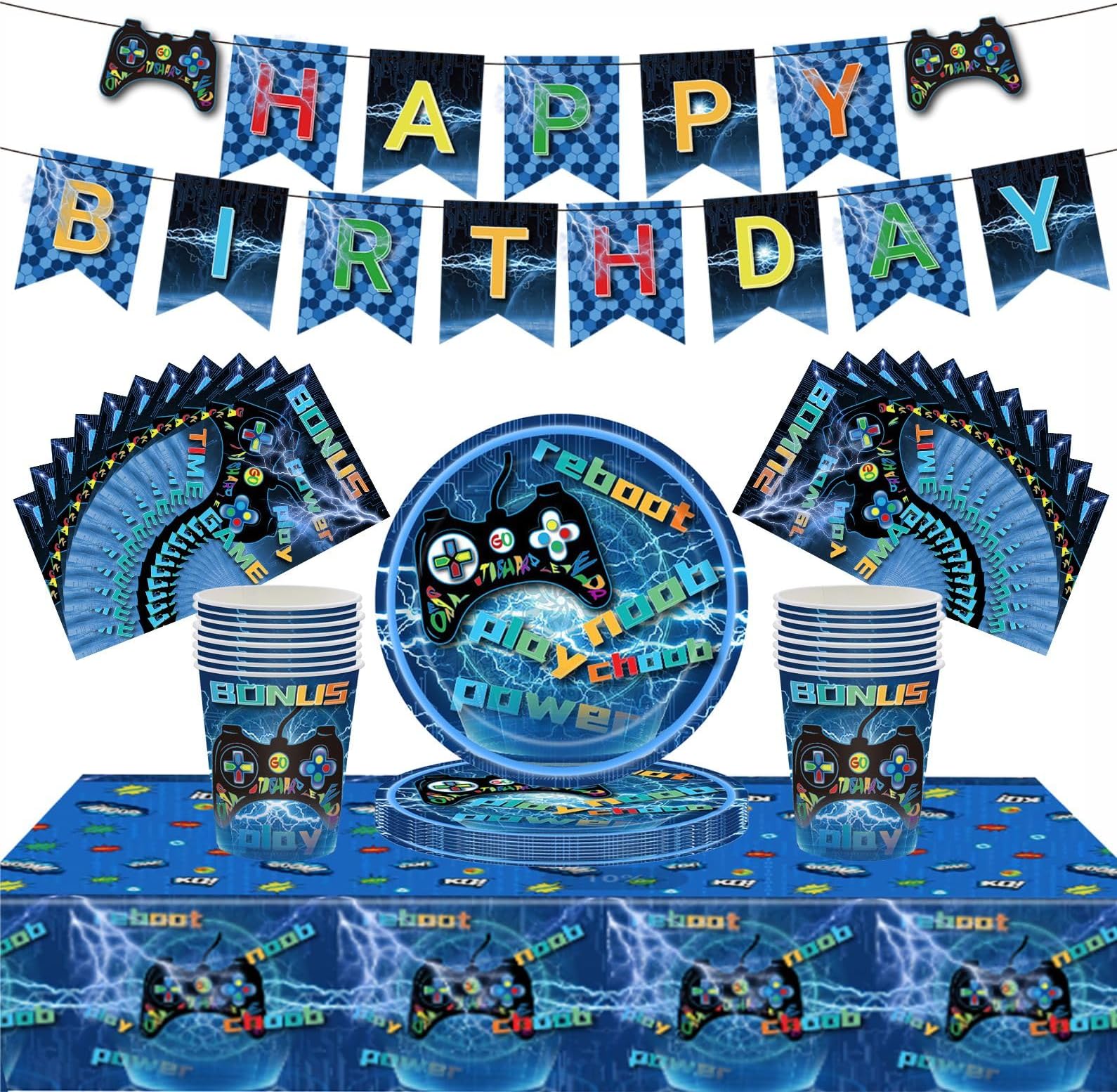 54Pcs Blue Party Game Tableware Decorations - Boy Birthday Table Cloth, 7inch Paper Plates, Banner, Paper Napkins - Kids Game Controller Theme Party Favor