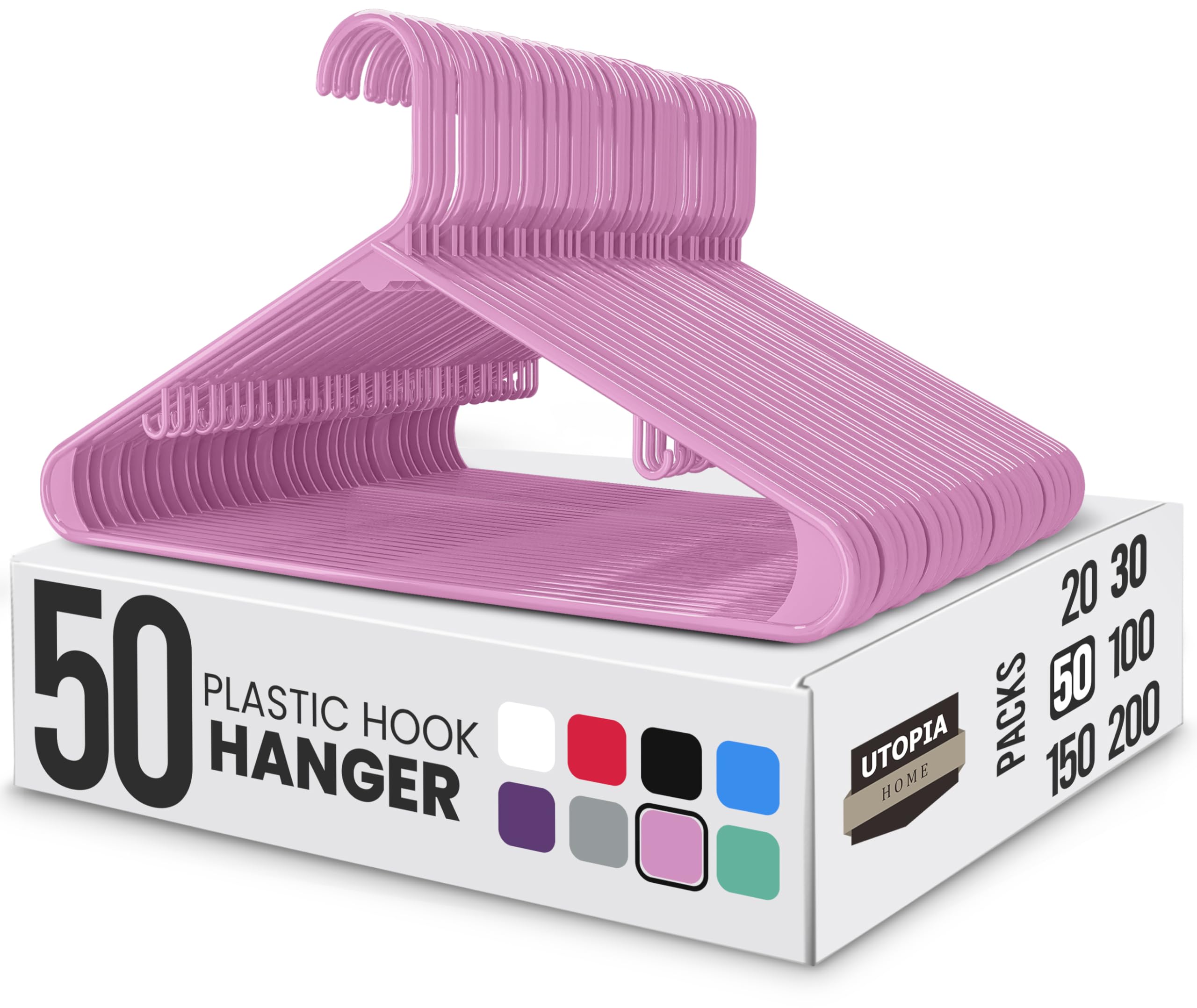 utopia home plastic hangers 50 pack - clothes hanger with hooks - durable & space saving (pink)