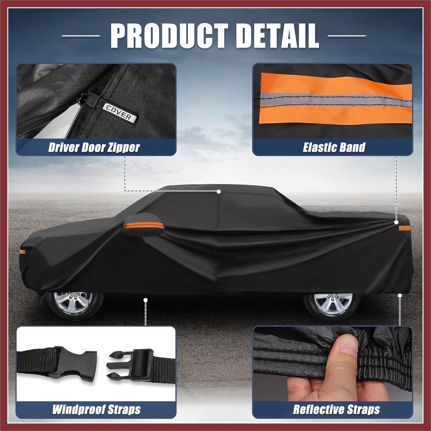 Truck Car Cover for Hyundai Santa Cruz 210D-PU Oxford Outdoor Full Truck Car Cover All Weather Waterproof Sun Protection with Driver Door Zipper Black Replace Parts