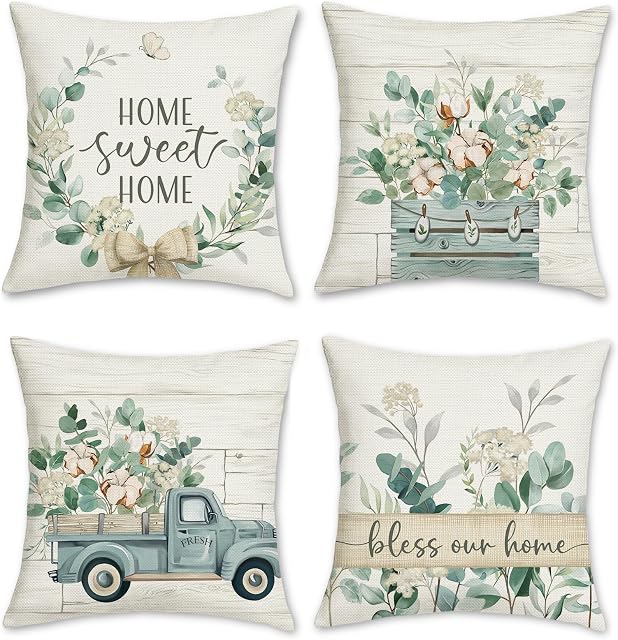 Bonhause Eucalyptus Leaves Cushion Covers 45 x 45 cm Blue Truck Home Sweet Home Farmhouse Decorative Throw Pillow Covers Polyester Linen Pillowcases for Home Garden Outdoor Decor Set of 4