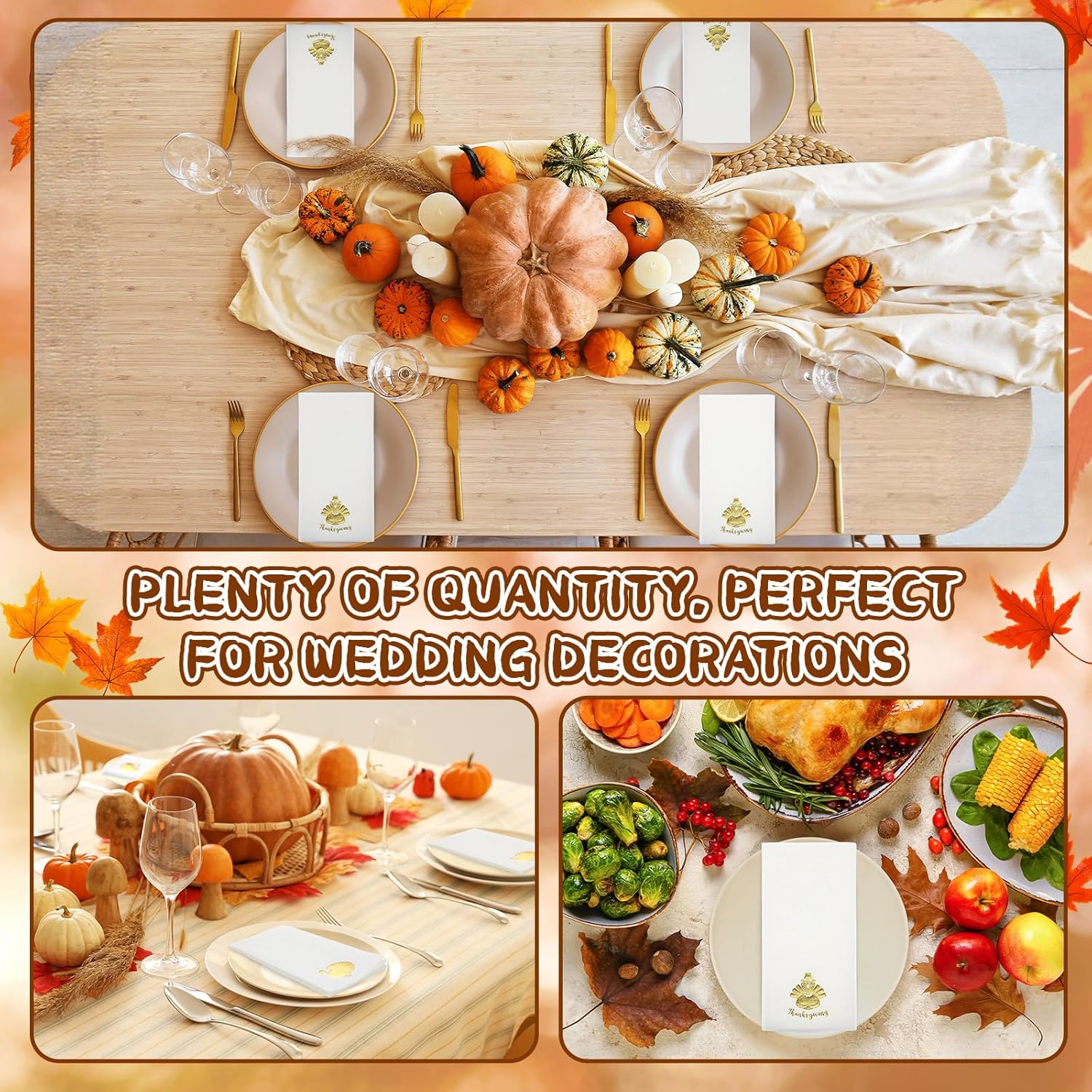 Janlaugh 100 Pcs Thanksgiving Linen Napkins Turkey Pattern Disposable Paper Hand Towels Foil Stamped Golden Napkins for Party Lunch Dinner Kitchen Bathroom(Novel)
