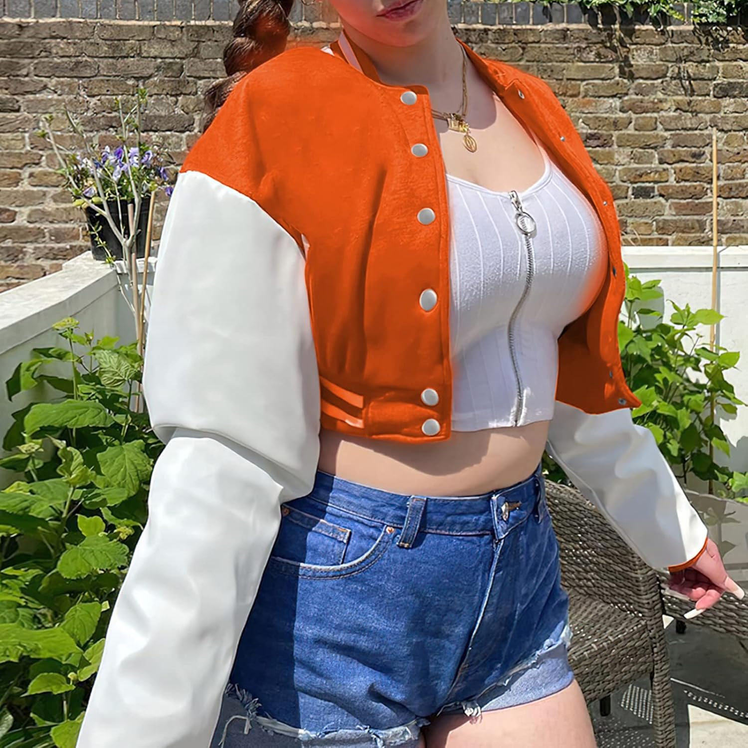 Xaspee Women's Casual Baseball Jacket Faux Leather Colorblock Button Crop Bomber Jacket - Image 5