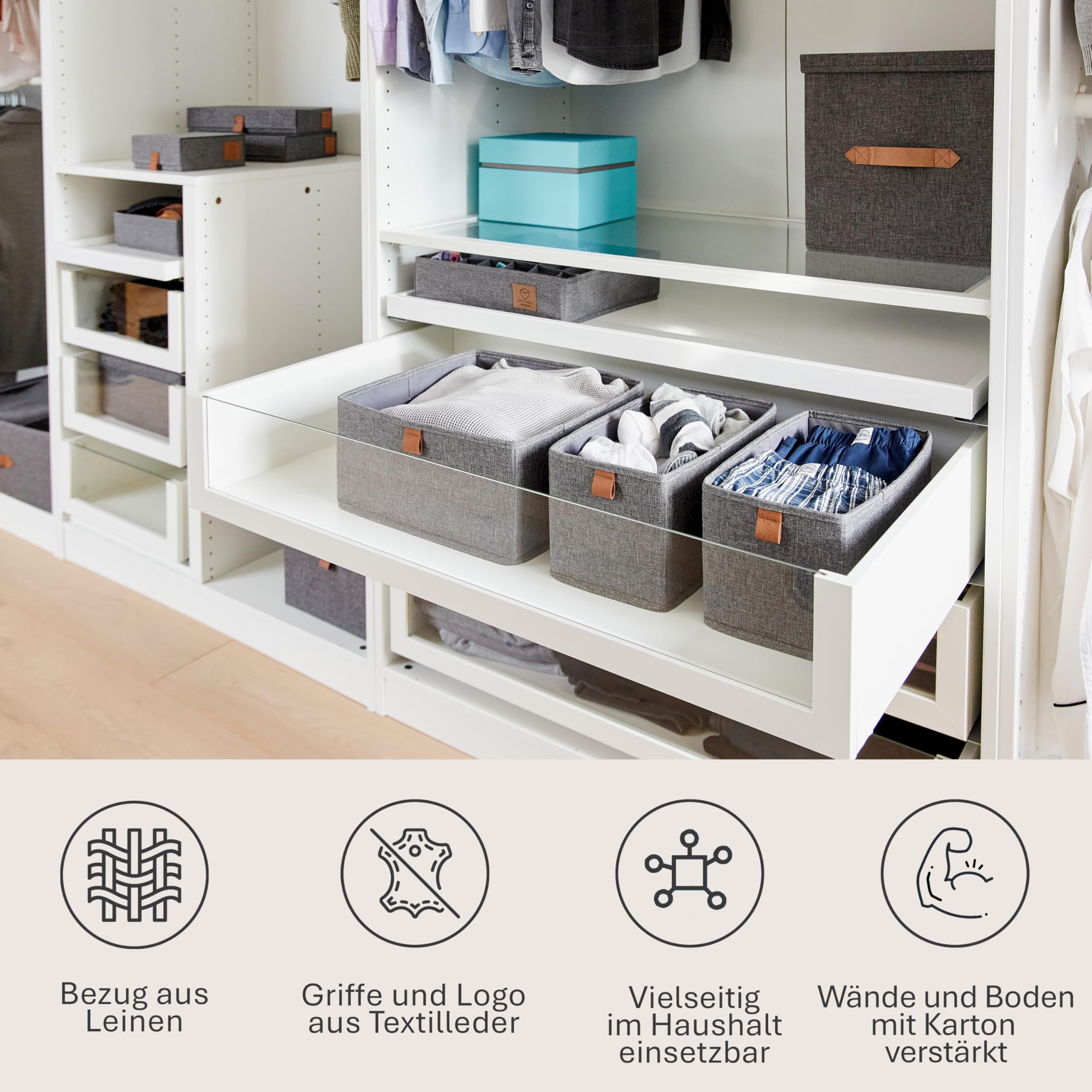 LOVE IT STORE IT - Premium - 3er Set Aufbewahrungsbox Stoff - Schubladen Organizer & Schrank Organizer aus Leinen für Kleiderschrank, Wickelkommode - Grau - 15x30x15 cm & 30x30x15 cm