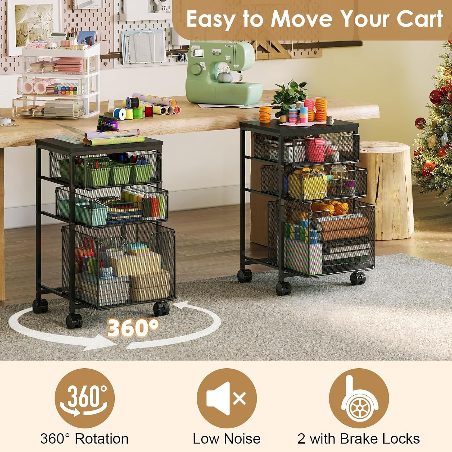 Rolling Storage Cart with 1 Large+2S Drawers, Metal Utility Cart on Wheels with Wooden Top, Craft Art Storage Organizer Cart for Classroom, Office, Home - Image 2